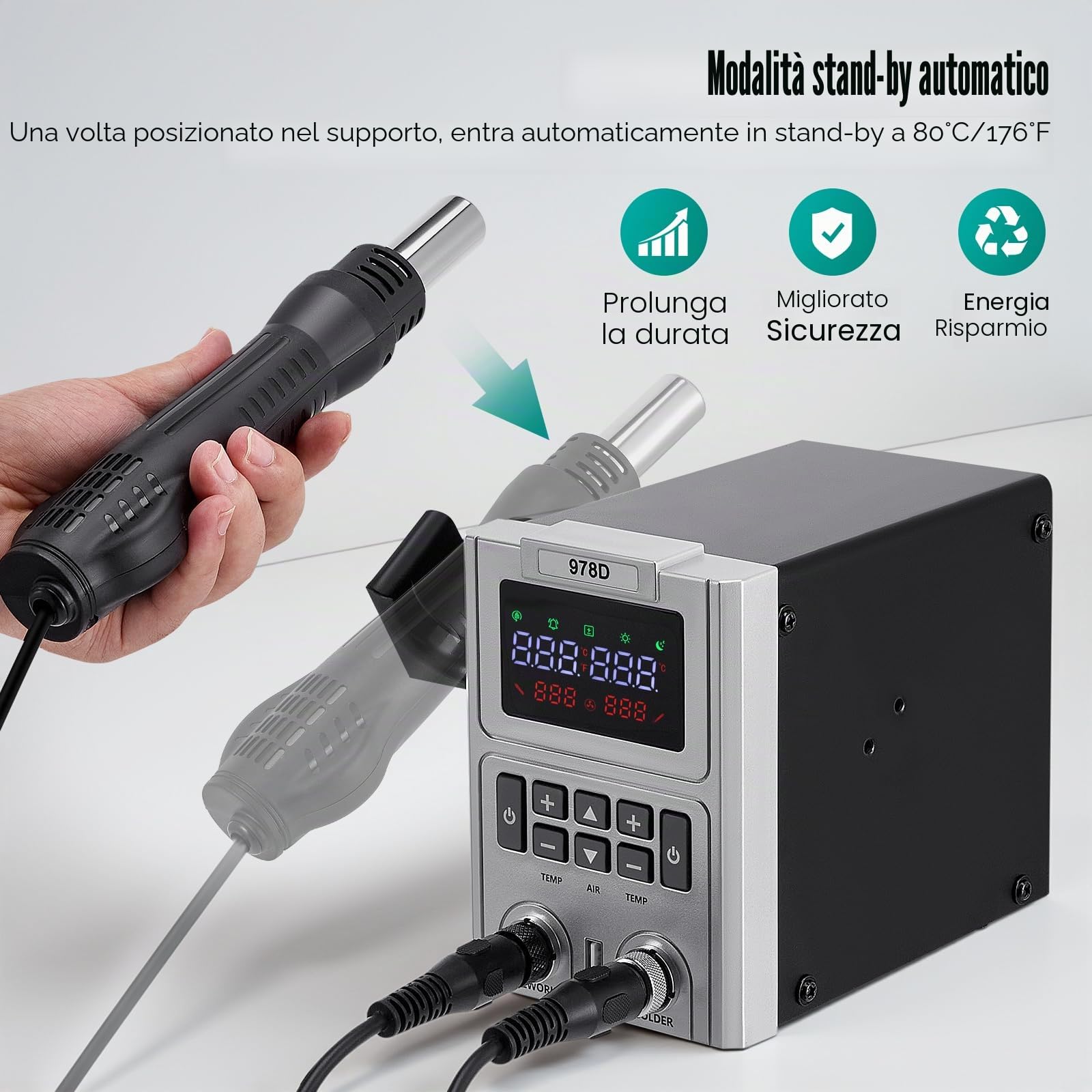 Stazione Saldante, Stazione Dissaldante Calda 2-in-1 per Ricottura con Schermo LCD, Ugelli a Cambio Rapido, Auto Start/Stop,Temperatura Regolabile e Volume D'aria, Ampia Gamma di Scenari Applicabili