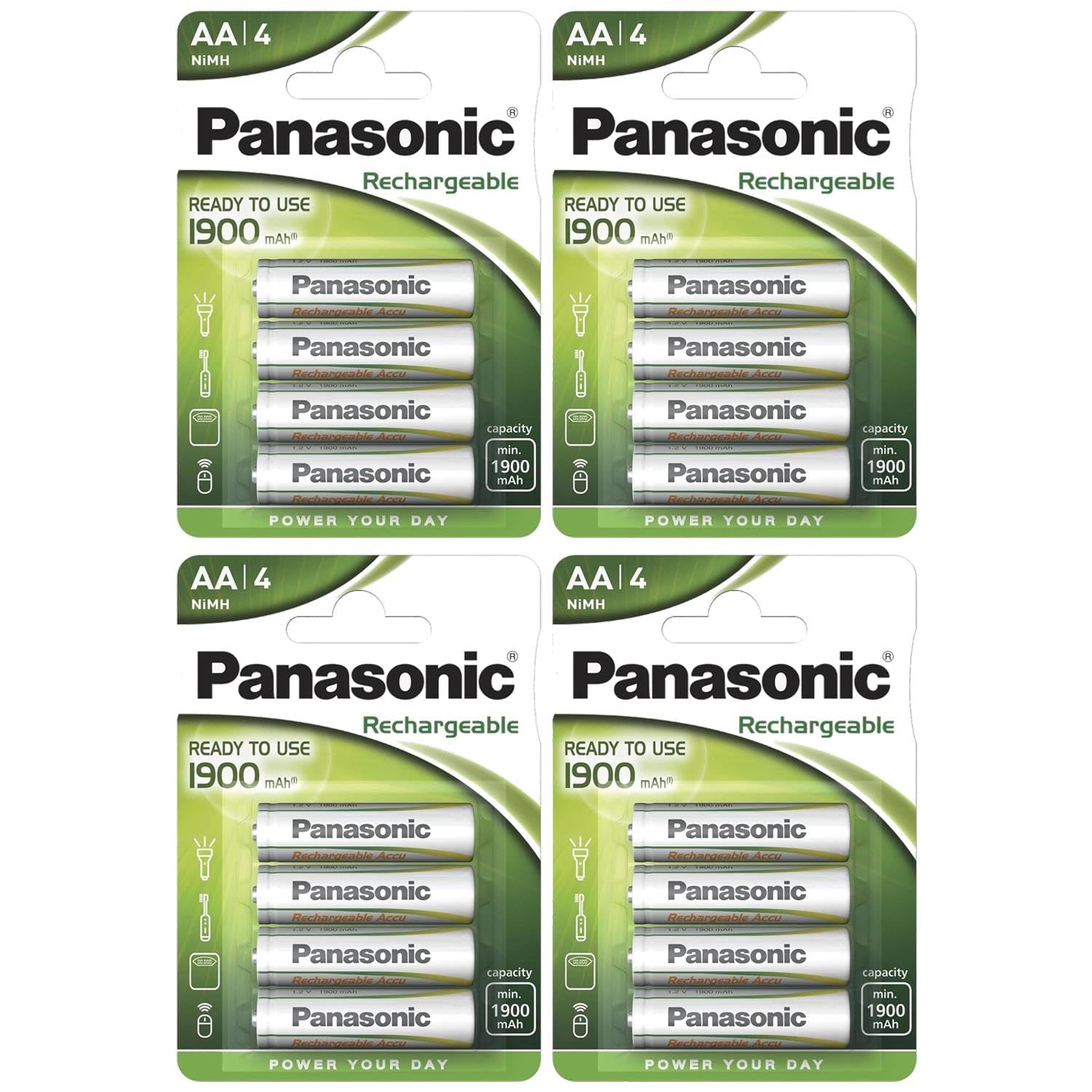 PANASONIC - Lote de 4 blísteres de 4 pilas recargables NiMH Mignon AA 1900 mAh Ready to Use