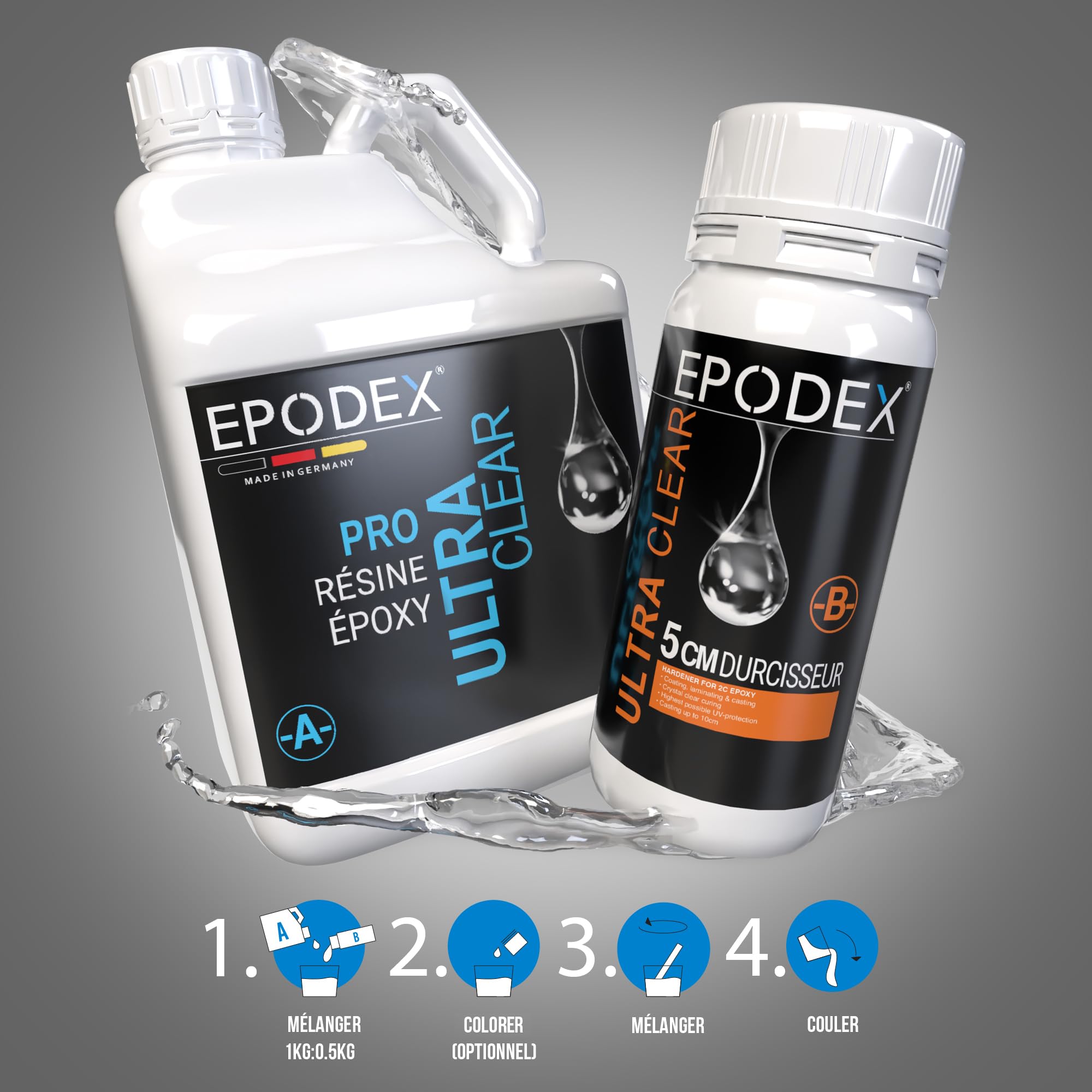 EPODEX PRO+ Résine époxy jusqu’à 5cm, CLEAR - Transparent, 3kg | Kit transparente Avec ou sans pigments, Pour tables rivières, lampes, grande coulée et plus