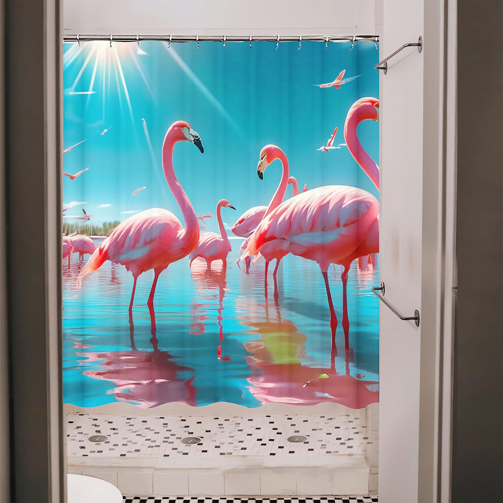 Flamingo Duschvorhang 180x180, Flamingo Duschvorhänge Pink 180x200 Textil 120x200 Rosa Flamingo Tropische Blätter Duschvorhänge Flamingo Shower Curtains (5,180 x 200 cm)