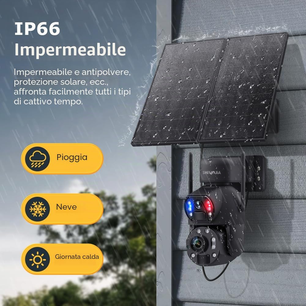 SHIWOJIA 3G/4G LTE Telecamera di Sorveglianza Solare con 20W Pannello Solare Batteria 20.000mAh, Doppia Lente, 36X Zoom, Visione Notturna Colore, Rilevamento Umano/Veicolo/Animale