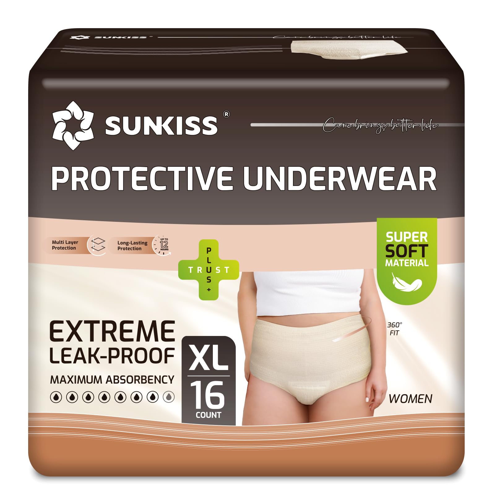 SUNKISS Couches Adulte Femme - Culottes Jetables Incontinence - Slips Absorbants Post-Partum et Maternité - Protection Urinaire Maximale - Beige - Taille XL - 16 Unités