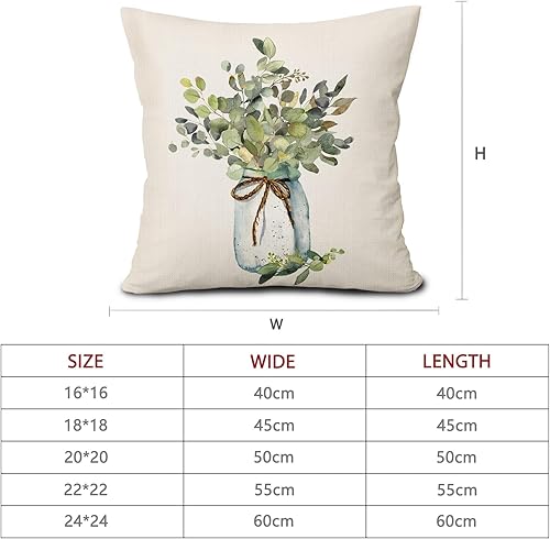Miniatura 6 de aportt Juego de 2 fundas de almohada de hojas de eucalipto verdes de 20 x 20 pulgadas, para primavera y verano, para sofá, estilo granja, acuarela,