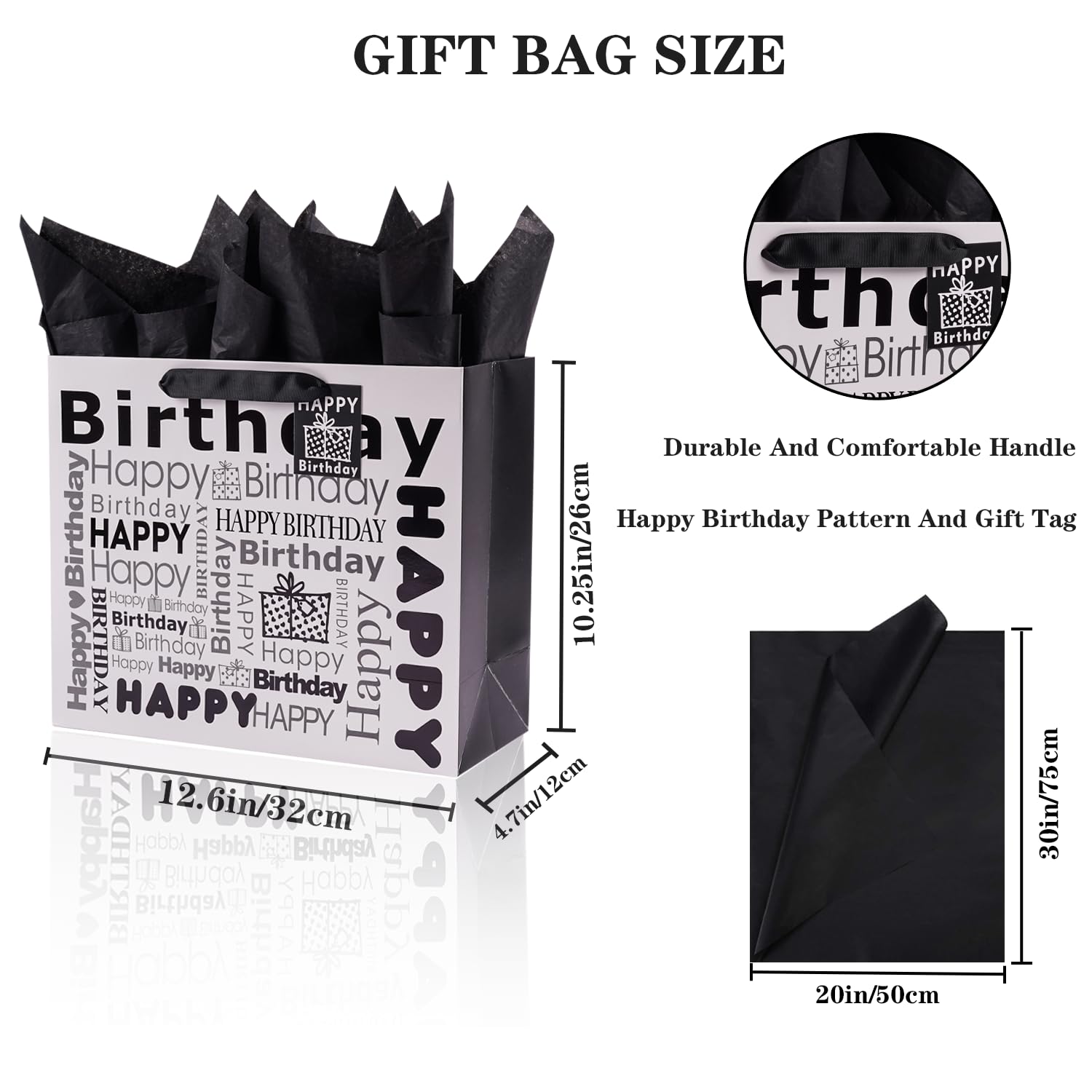 JWSCYSY Confezione Regalo Di Compleanno: 2 Sacchetti Bianchi E Neri Con Scritta Happy Birthday, Carta Vellina E Biglietti