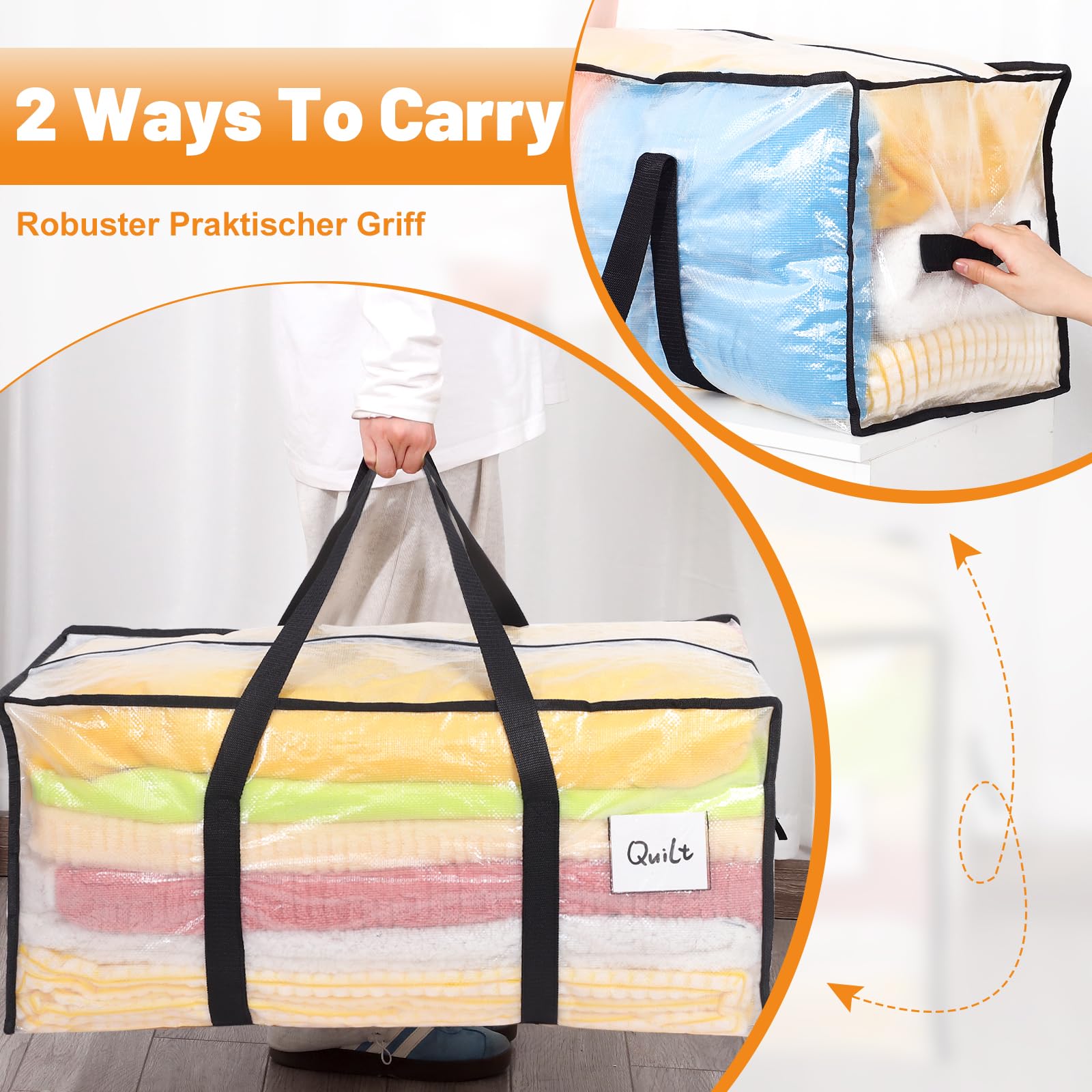 Dntorx Lot de 8 sacs de rangement robustes de 90 l - Boîtes de déménagement transparentes - Avec poignée zippée - Pliable - Boîte de rangement pour déménagement, camping, linge de lit, vêtements