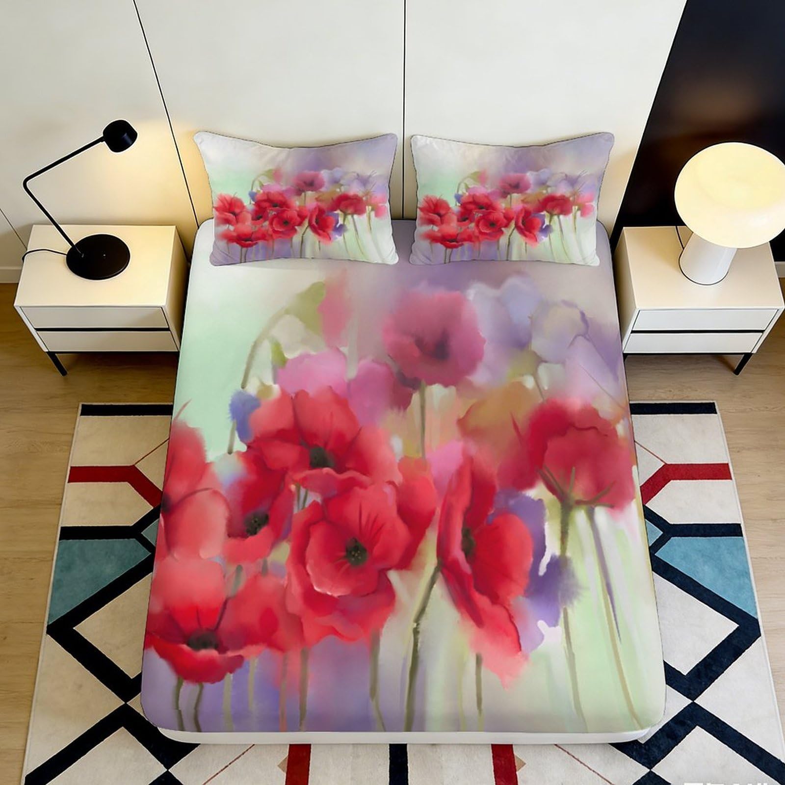 3D Printed Watercolor Red Poppy Fitted Sheet Microfiber Soft Floral Abstract Bed Cover for Bedroom Guest Room Mattress Protection 180x200x25cm
