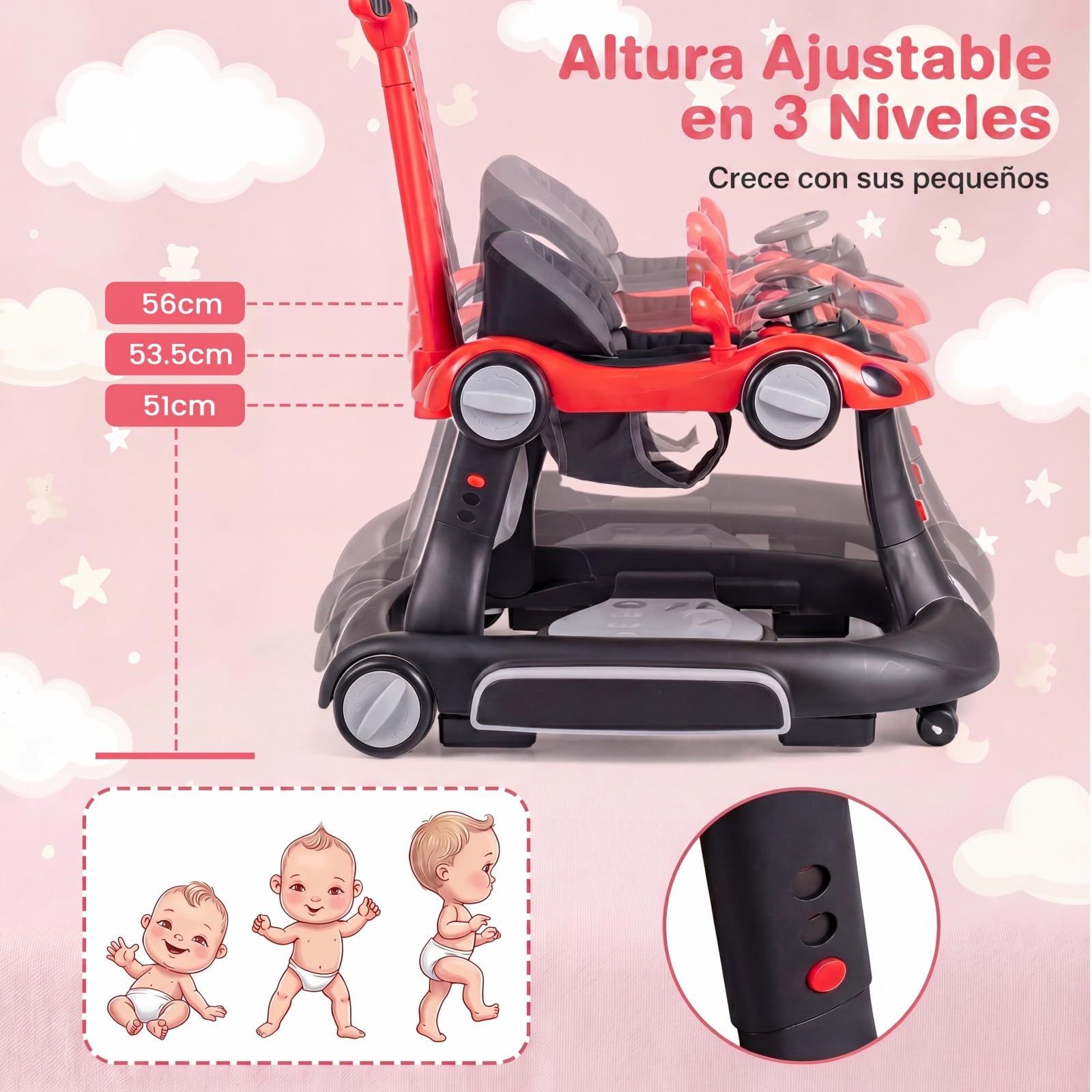 COSTWAY 7 en 1 Andador Bebes con Capota, Tacata Bebe Plegable con Altura y Velocidad Regulables con Modo Mecedora, Música, Luces y Diseño Antivuelco,Caminador para Bebe de 7-18 Meses (Negro y Rojo)