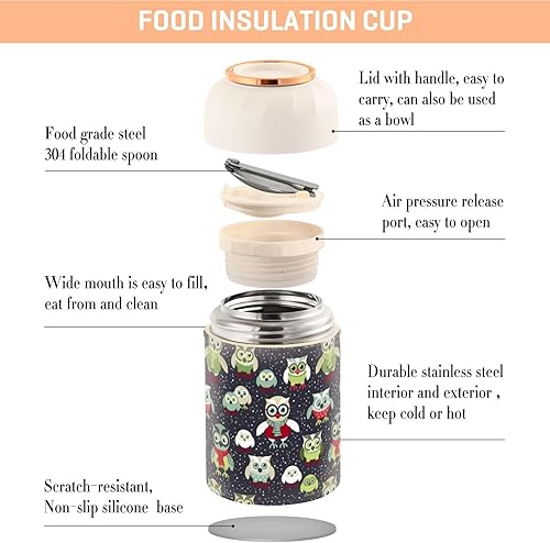 Miniatura 4 de MCHIVER Christmas Night Owls Food Jar with Spoon Stainless Steel Vacuum Insulated Food Container 17 oz Food Thermos for Hot Food