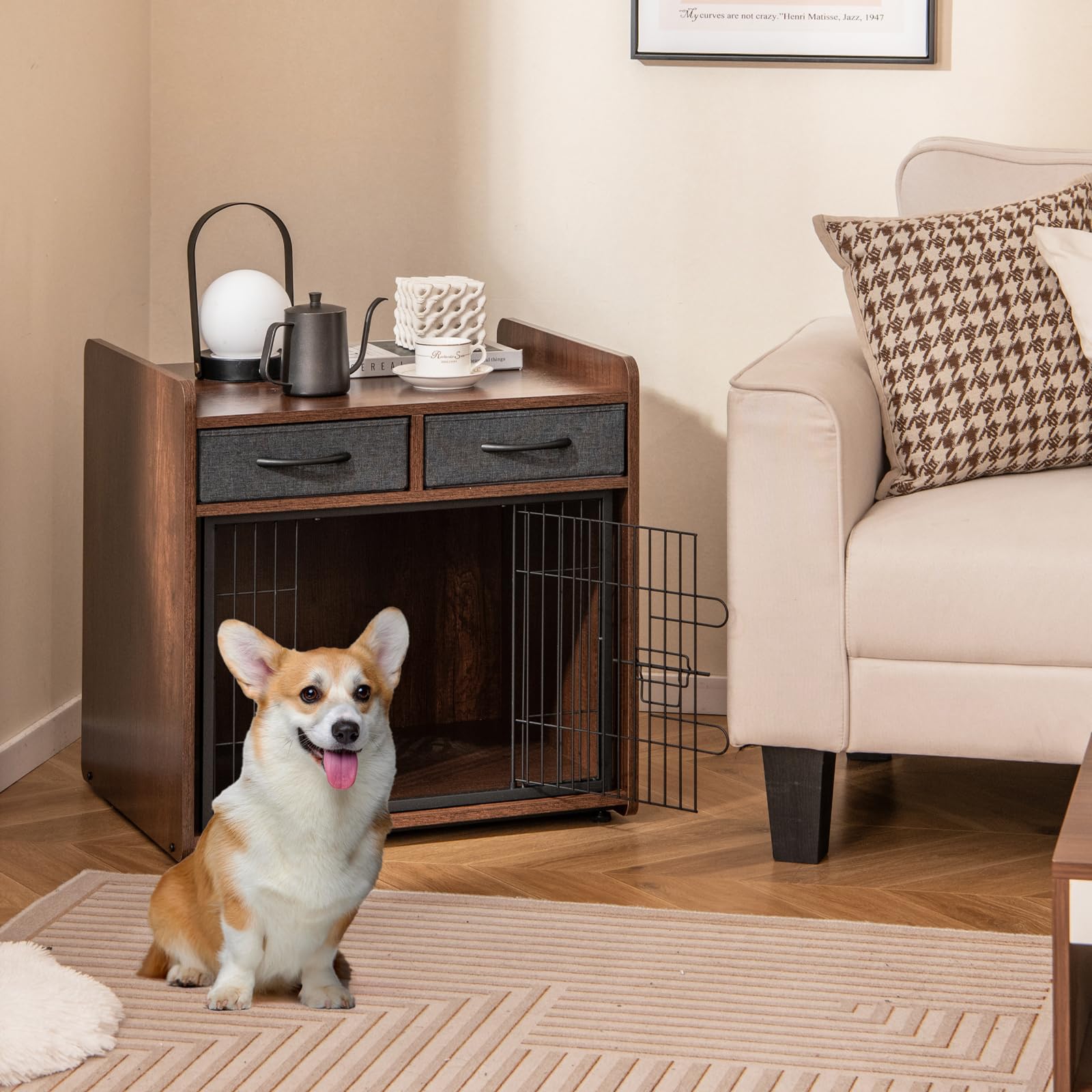 GOPLUS Mueble para Perros, Caja de Madera con 2 Cajones de Tela, Puerta Bloqueable, Caseta para Perro Interior, Mesa de Caja Resistente para Perros Pequeños y Medianos