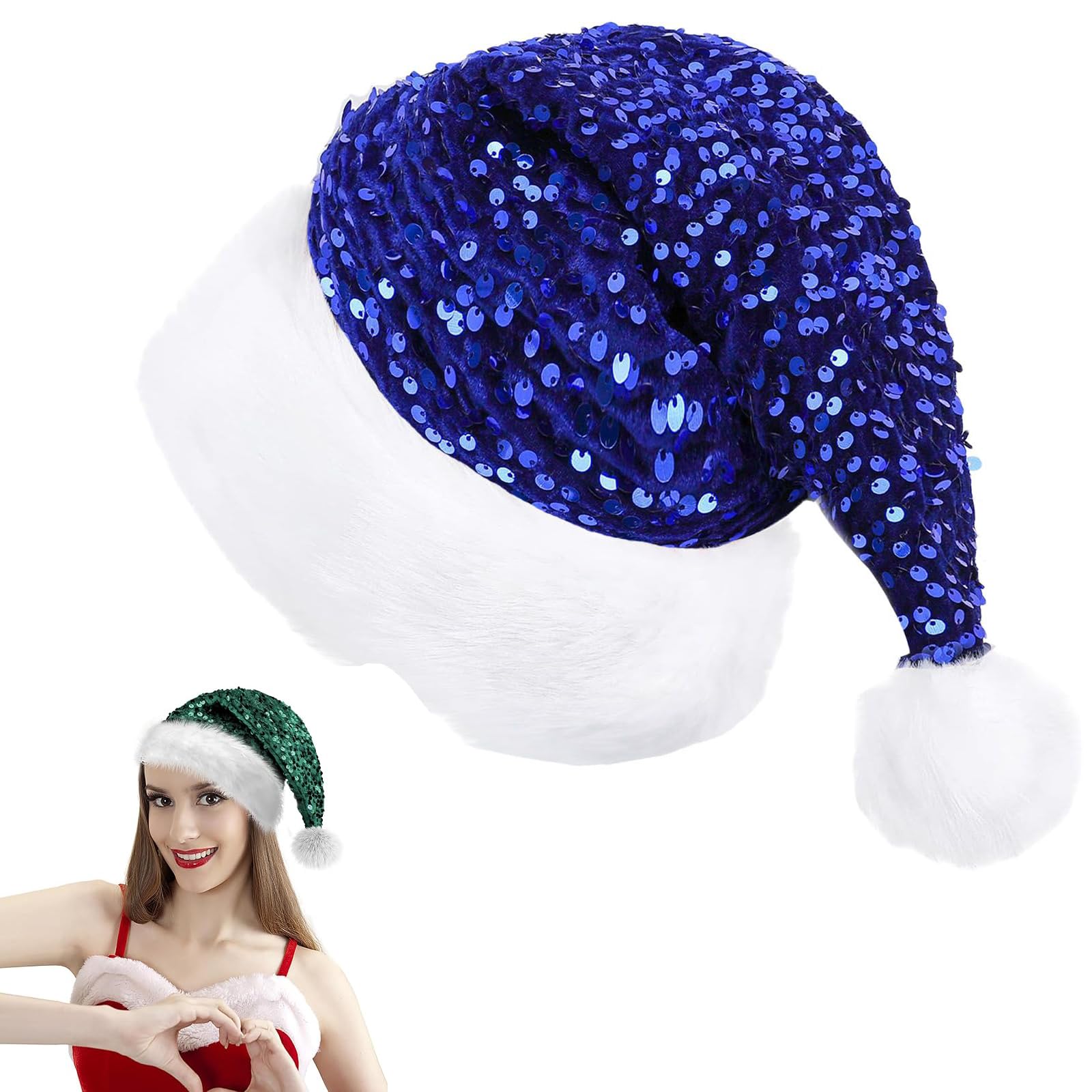 Blue Sequined Santa Hat Shiny Christmas Hat, Unisex Soft Plush Deluxe Xmas Santa Claus Hat, Velvet Comfy Santa hat for Santa Claus Fancy Dress, Christmas New Year Party, Xmas Tree Decorations Adults