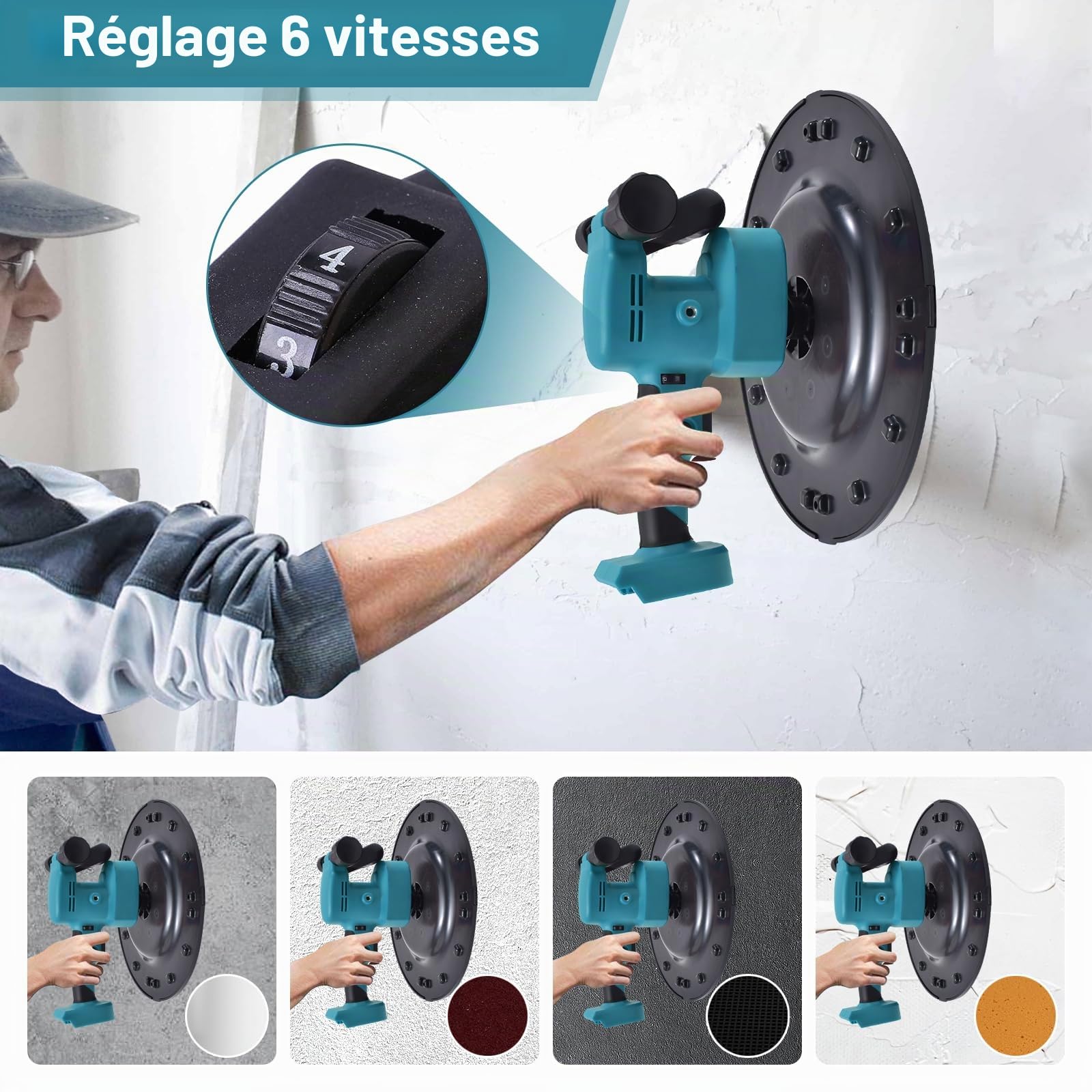 Machine de lissage mural électrique, machine de finition de mortier mural sans fil, truelle électrique pour lisser et polir les murs, 6 vitesses variables avec interrupteur (batterie non incluse)