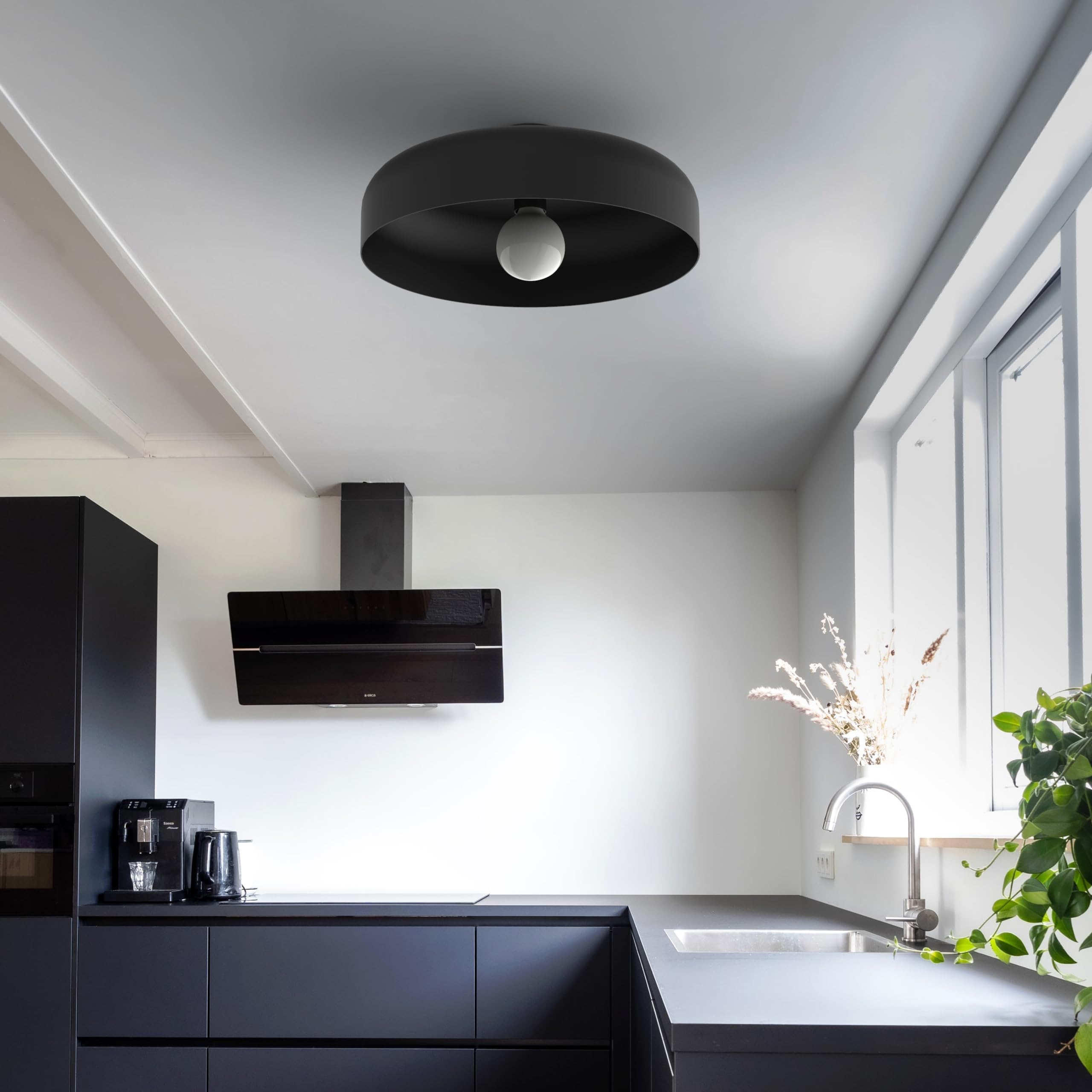 L+ Plafoniera LED da Soffitto in Metallo - Diametro 40cm - Attacco E27 Lampadina Esclusa - Made in Italy - Design Moderno per Cucina e Soggiorno (Nero)