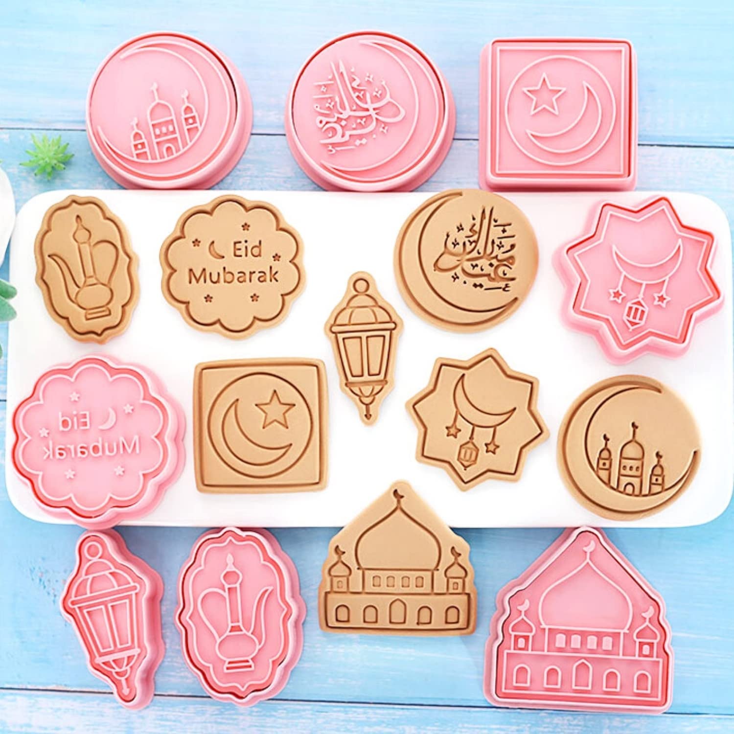 YUNIVERSE8 Pcs Eid Mubarak Cookie Cutters Set,DIY Biscuit Press Stamp Molds,Biscuit Embossing Fondant Baking Tool Mosque, Lantern,Star, Moon, Islamic Star, etc.,