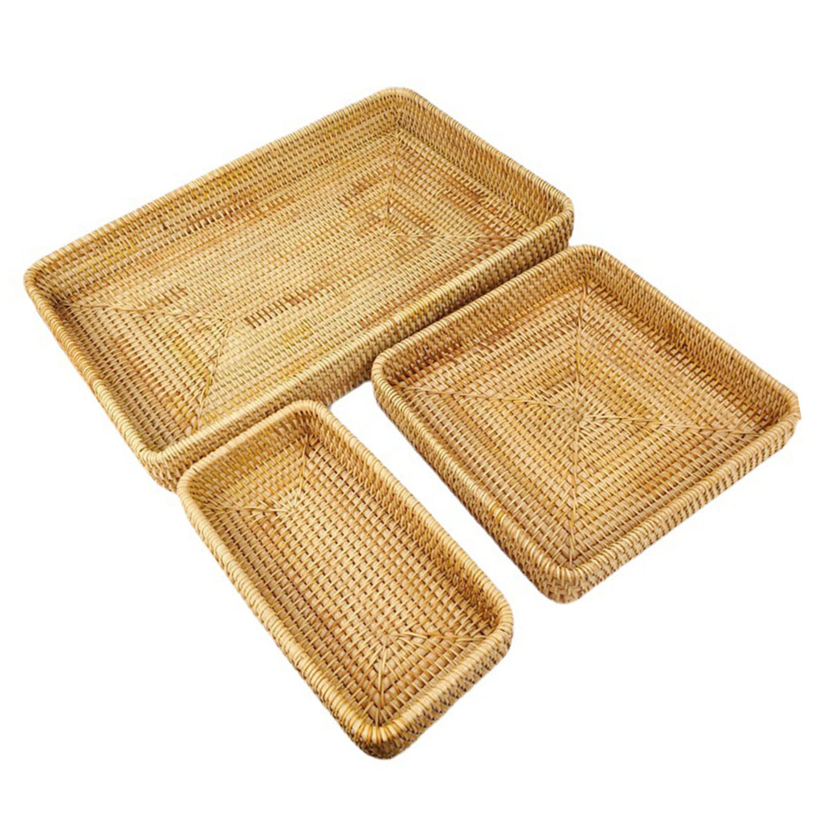 Juego de Bandejas de Ratán Tejidas a Mano, Cesta Multifuncional para Servir de 3 Piezas para Organización de Mesa, para Refrigerios, Pan y café, Bandejas Decorativas Livianas y Portátiles