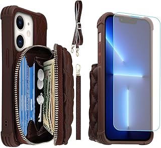 MONASAY Zipper Wallet Case for iPhone 12 Pro/iPhone 12 ,[Glass Screen Protector ][RFID Blocking]Flip Leather Handbag Phone Cover with Card Holder & Crossbody Lanyard Strap for Apple iPhone 12 /12 Pro