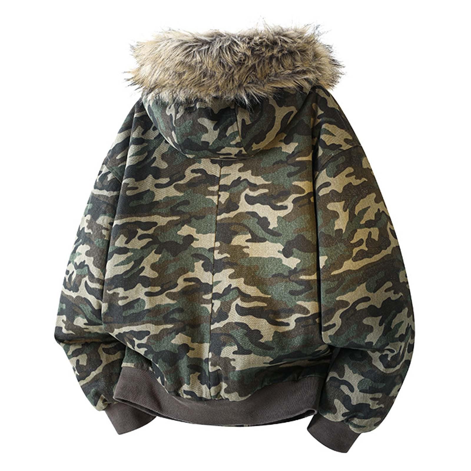 Herren Skijacke Warm Gefüttert Winterjacke mit Fellkapuze Outdoor Snowboardjacke Gepolstert Camouflage Vintage Übergangsjacke Winddichte Windbreaker Dicke Steppjacke