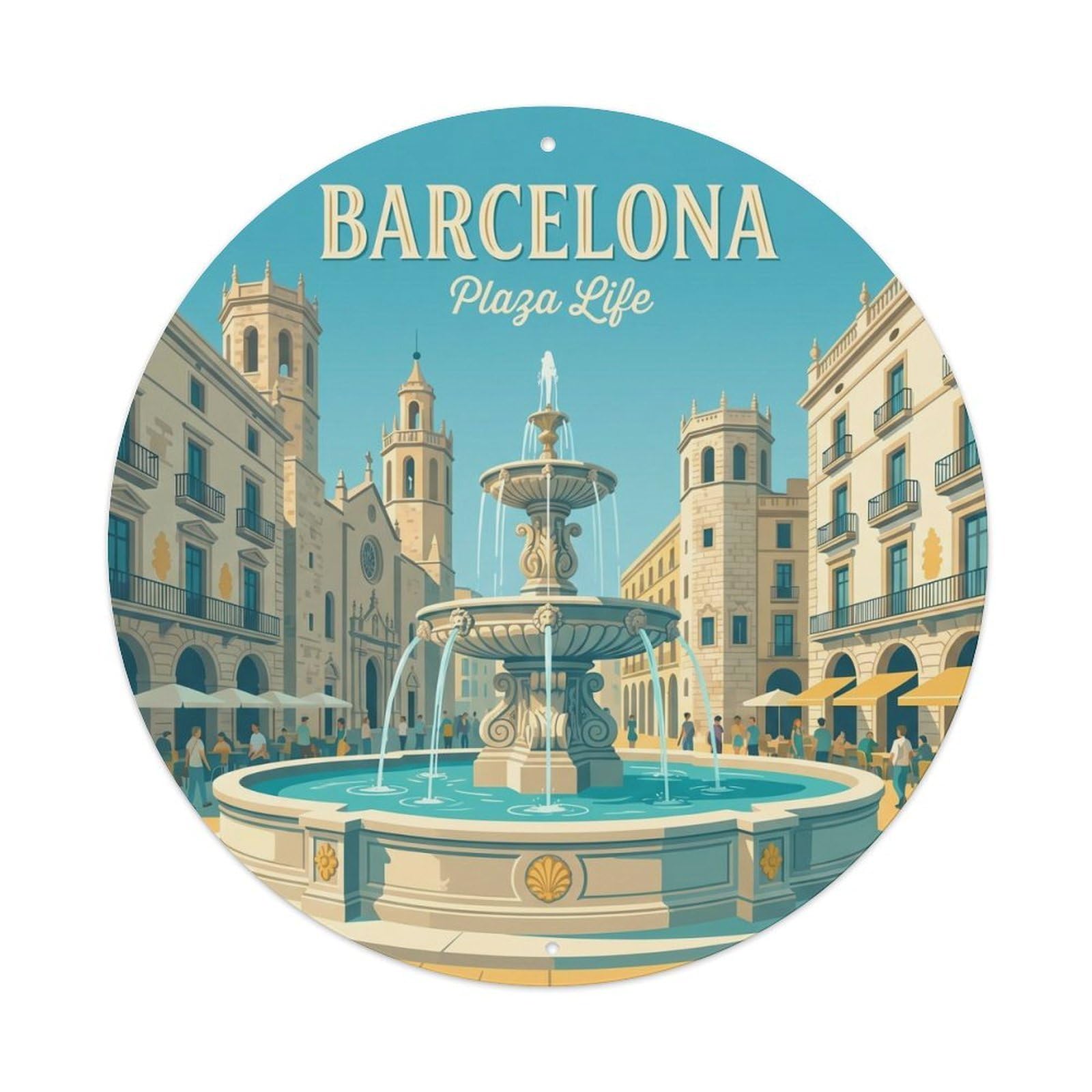 Vintage Travel Barcelona Fountain Plaza Spain Metal Tin Sign Plaque Wall Decor for Cafe, Club, Garden Round Metal Poster 8x8Inch