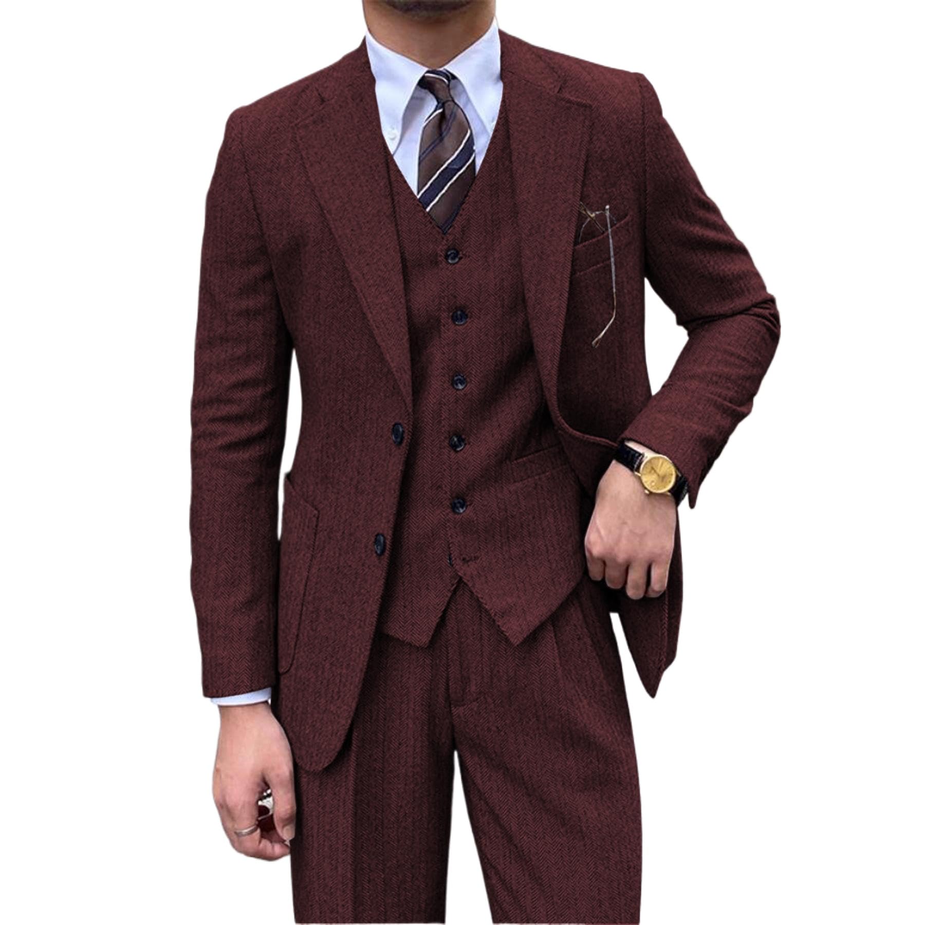 Retro Tweed 3 Piece Men's Suit,Vintage Herringbone Suit for Men's Wedding Prom Business Formal Casual Blazer Vest Pants Set