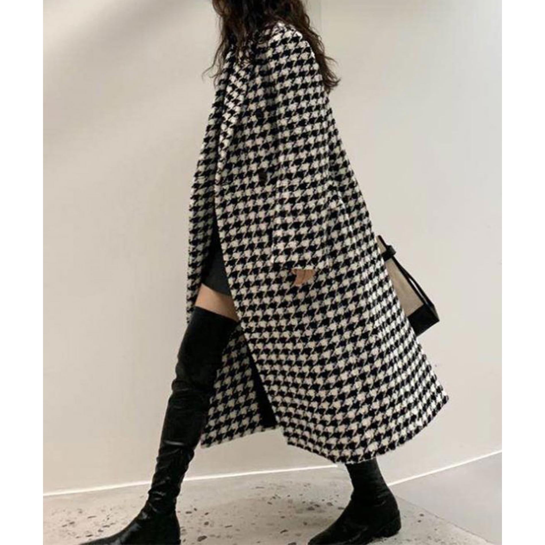 Damski płaszcz dwurzędowy typu peacoat, długa kurtka, elegancki płaszcz w pepitkę, modny płaszcz, kurtka zimowa, płaszcz przejściowy, kołnierz z klapami, kurtka casualowa