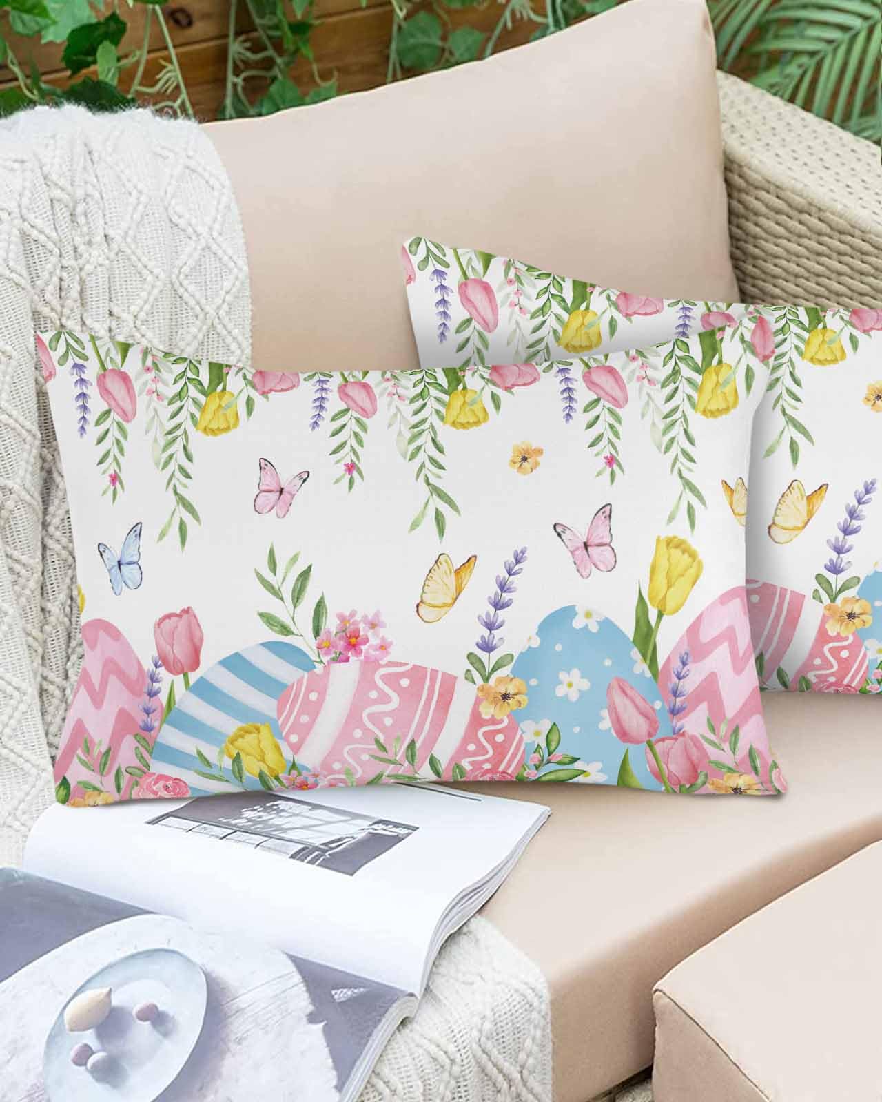 Boanket Lumbar Pillow Covers 12 x 20 in, Spring Easter Waterproof Throw Pillow Cover Set of 2, Floral Botanical Easter Eggs Home Decorative Rectangle Cushion Covers for Patio/Tent/Couch/Garden
