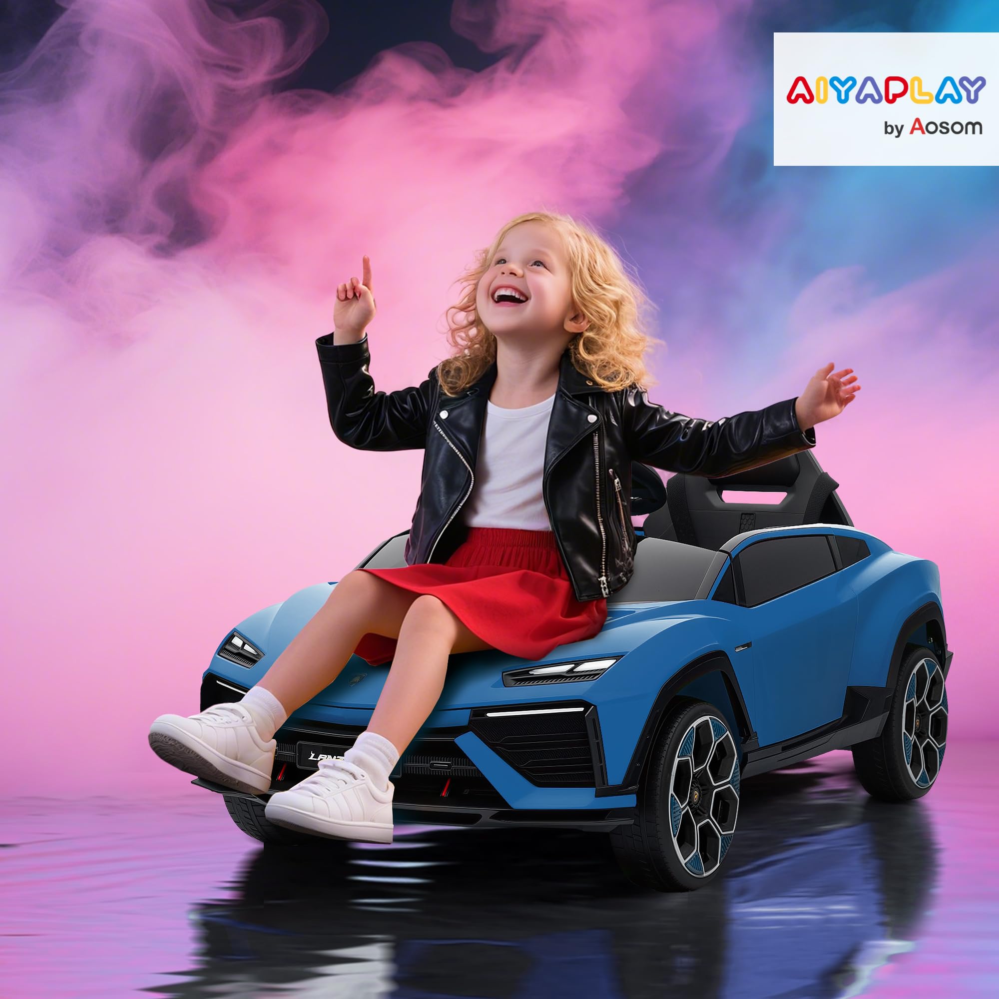 AIYAPLAY Elektryczne Auto 12V z Pilotem 2,4 GHz, 2 Silniki, Pojazd z Klaksonem, LED, Muzyką, Łagodnym Startem, 3-6 Lat, Niebieskie
