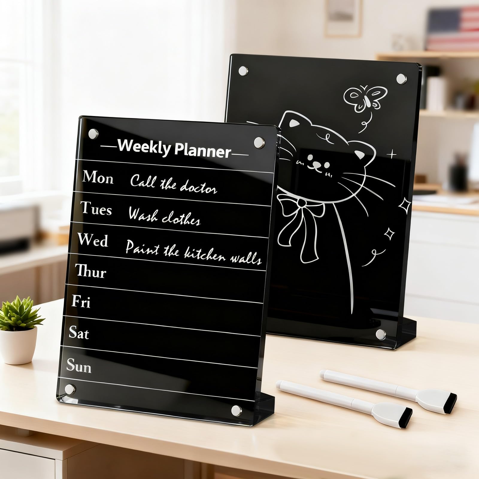 2PCS Black Acrylic Weekly Dry Erase Board Desktop, 8x6 Small Magnetic Whiteboard with Stand for Table Fridge Calendar Memo Board, Daily Planner