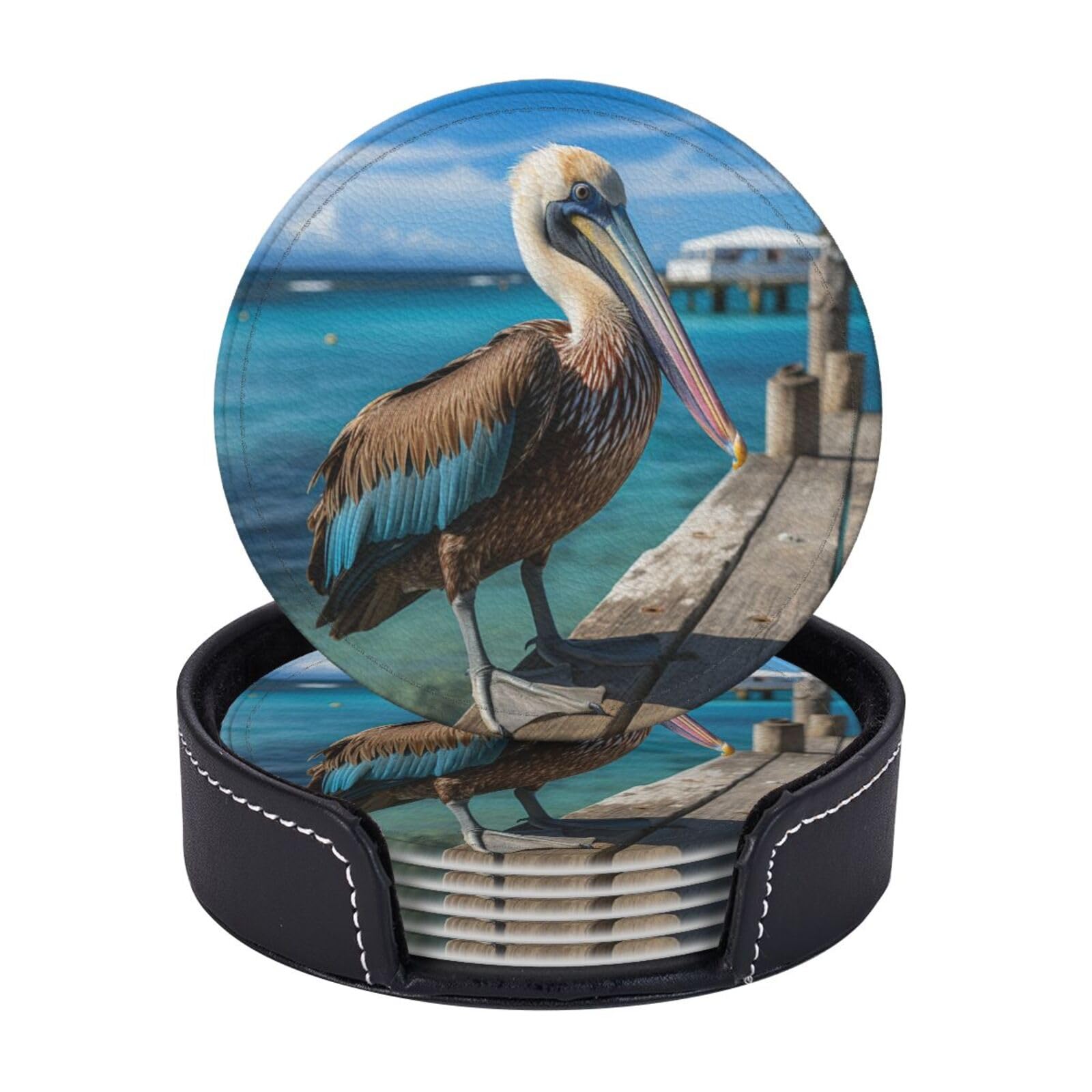 Drink Coasters Set of 6 Coffee Leather Coaster with Holder Pelican Bird Blue Sea Sky Coasters for Drinks Coffee Cup Mat Heat Resistant Tabletop Protection Coaster Desk Accessorie Home Decorative
