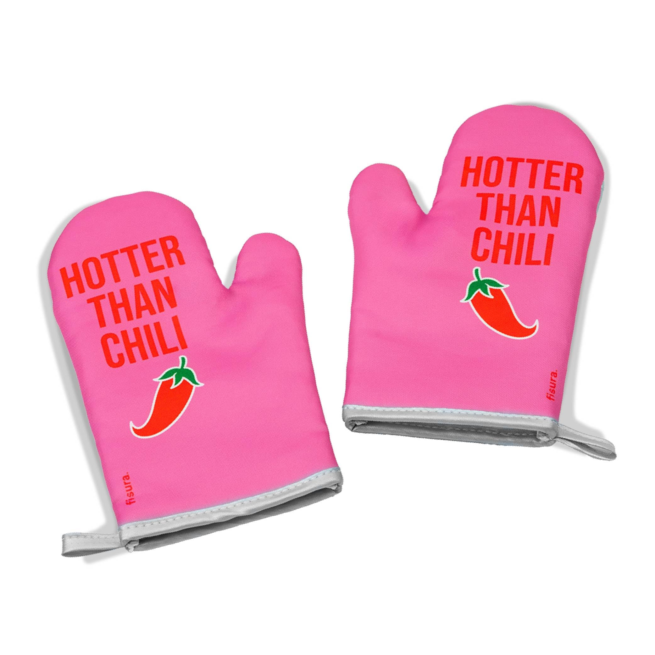 Fisura Original Oven Mitts "Hotter Than Chili" 2 Oven Mitts for Cooking. Printed BBQ Gloves. Heat Resistant Oven Gloves with Hanging Loop.