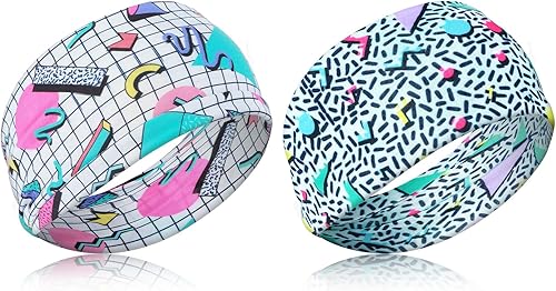Miniatura 1 de 2Pcs 80s,90s Neon Headbands, Retro Soft Sport Sweatbands,80s Headband for Hip Hop Party Style Hiking Cycling Running