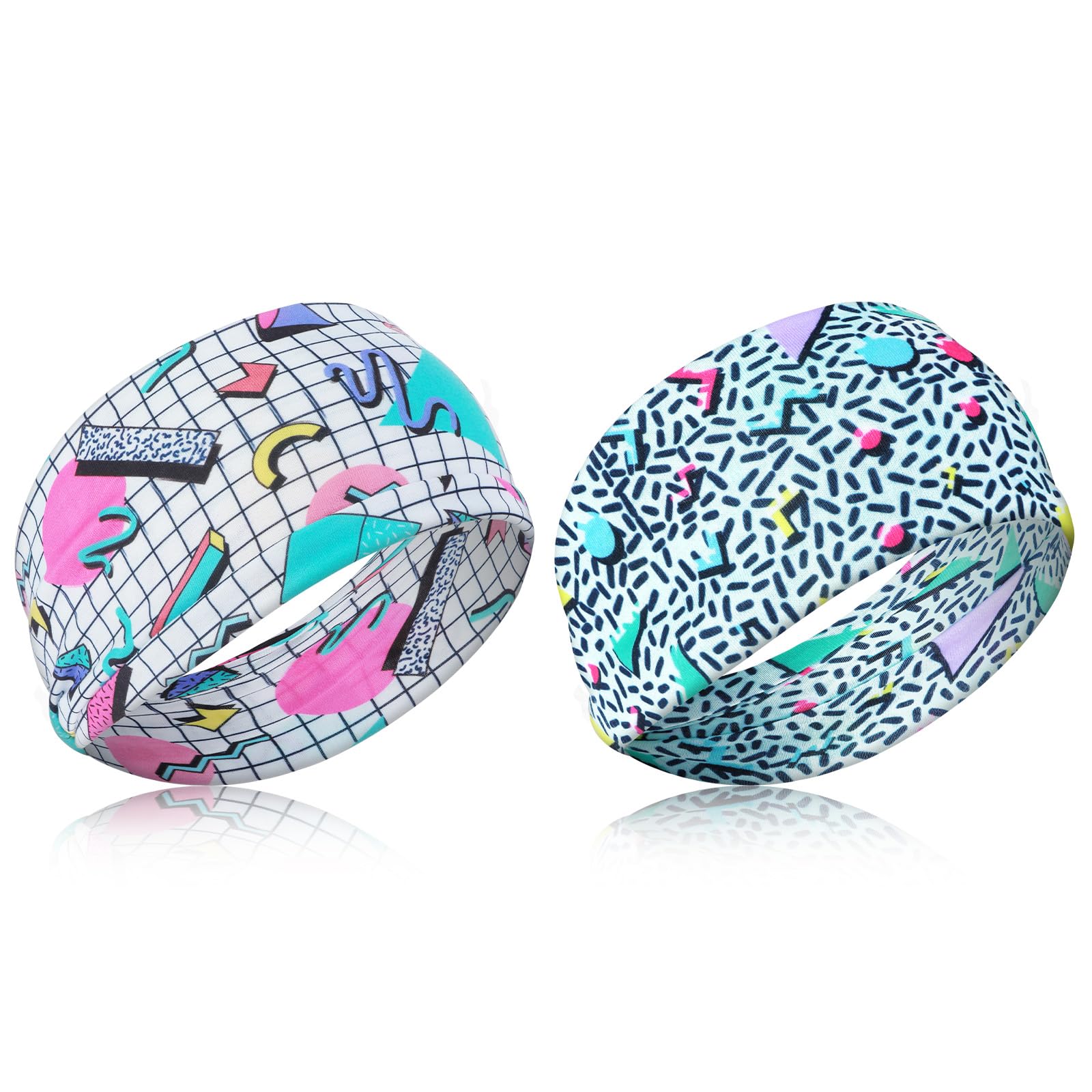 2Pcs 80s,90s Neon Headbands, Retro Soft Sport Sweatbands,80s Headband for Hip Hop Party Style Hiking Cycling Running-image-12