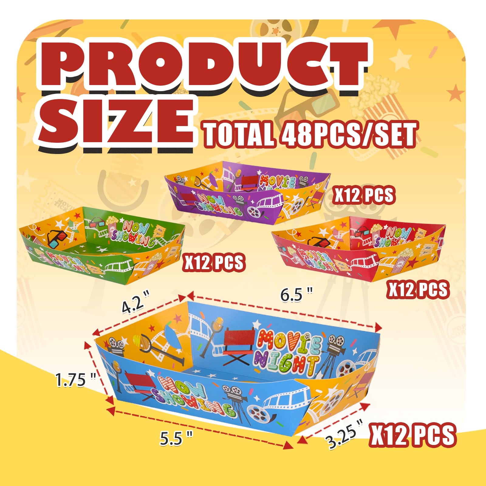 HAPYPATY 48 Pcs Movie Night Snack Trays, 3 lbs Paper Food Trays, Movie Night Supplies for Family Movie Party, Movie Container Holder for Birthday Party