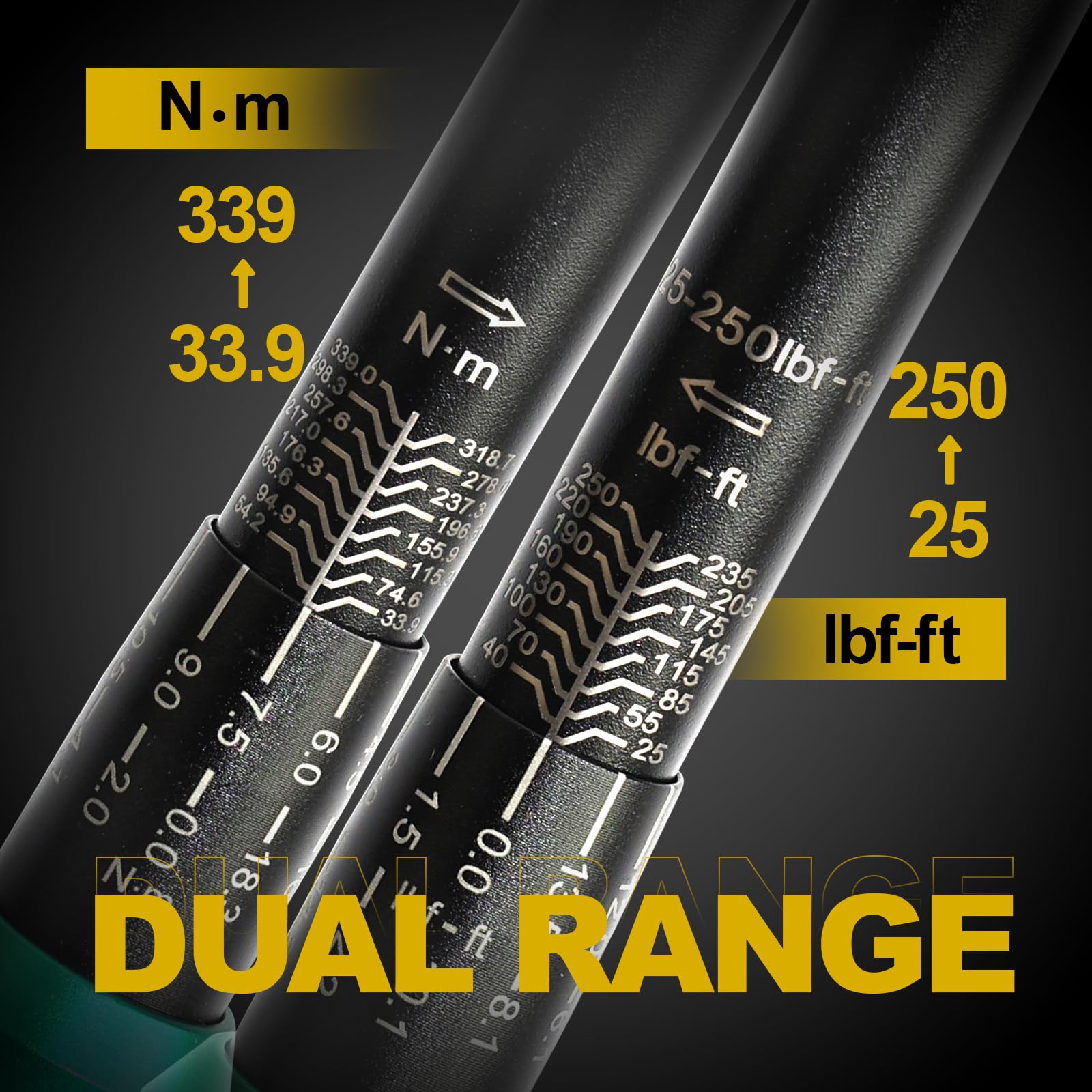 Llave dinamométrica de clic de 1/2 pulgada, 10-250 pies-libras (13.6-339 Nm), precisión ± 3%, trinquete de 90 dientes, doble dirección, acero al cromo vanadio con caja de almacenamiento