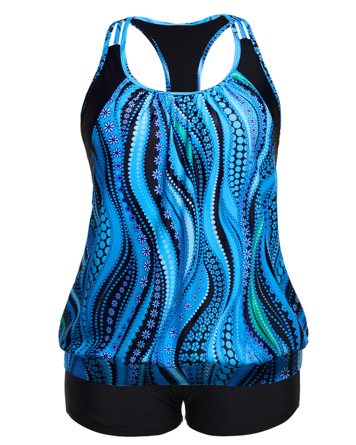 Holipick Tankini in Übergröße für Damen, zweiteilig, Bauchkontrolle, Blouson Racerback Tankini Top mit Shorts | Blouson Racerback Tankini Top mit Shorts, Double Up Design, herausnehmbares Pad