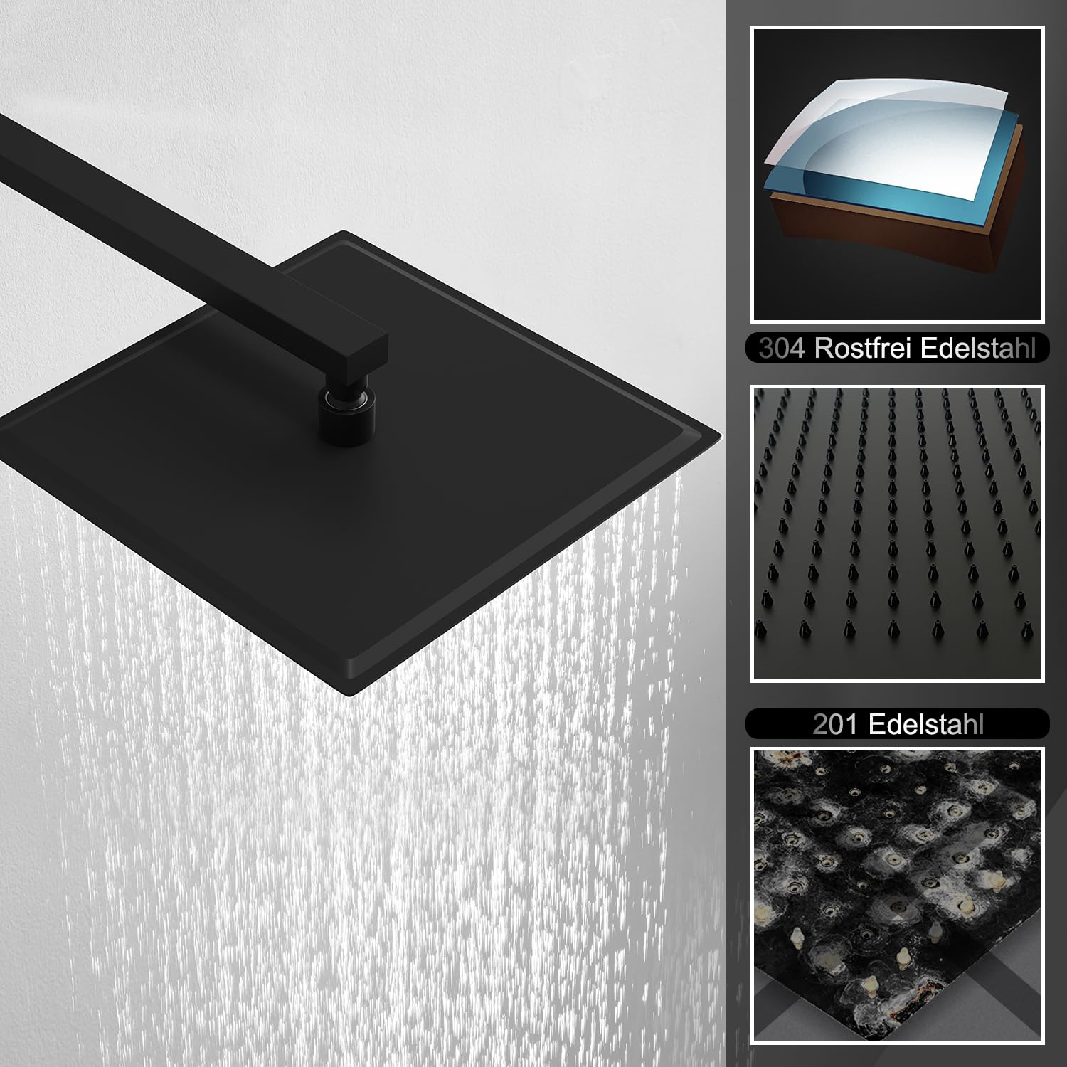 JOHO Soffione doccia a pioggia 12 Pollici/30 cm, Docce Fisse in acciaio inox 304 Soffione per Doccia con ugelli anticalcare, quadrato 30 x 30 cm, nero