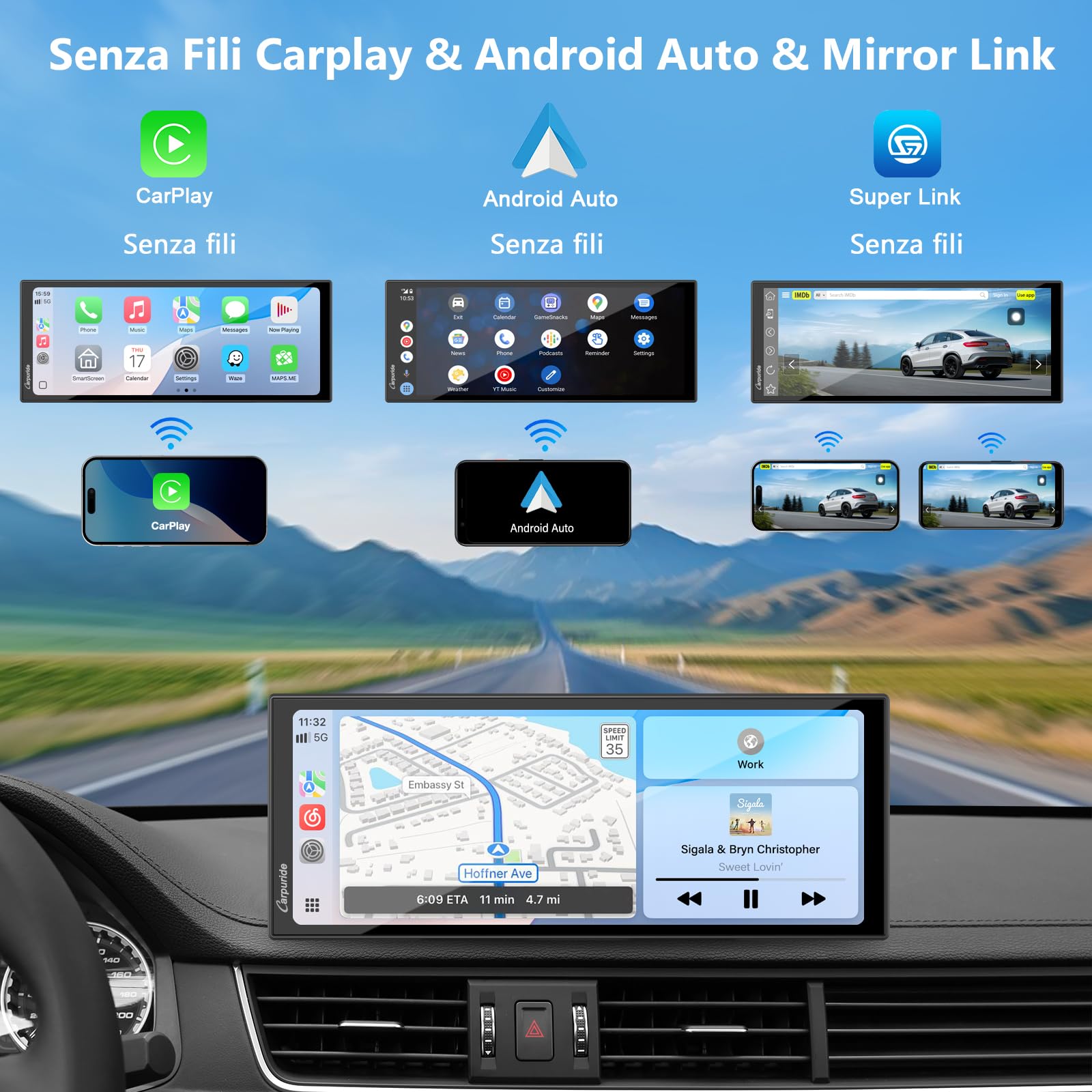 Carpuride W125S Carplay Schermo con 3 Canali Dash Cam, 4K Anteriore e 1080P Posteriore Camera, 1080P Infrarossi Abitacolo Camera, Senza Fili Carplay & Android Auto, 11,26" HD Tattile Schermo, BT.