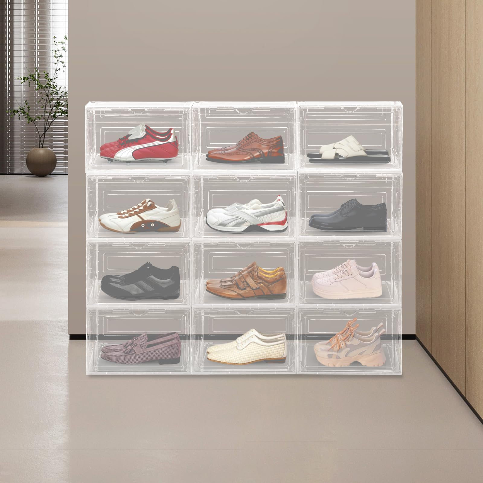 Juego de 12 cajas de zapatos apilables, transparentes, polipropileno y acrílico, ahorran espacio, fáciles de limpiar, ideales para zapatillas deportivas, zapatos, almacenamiento
