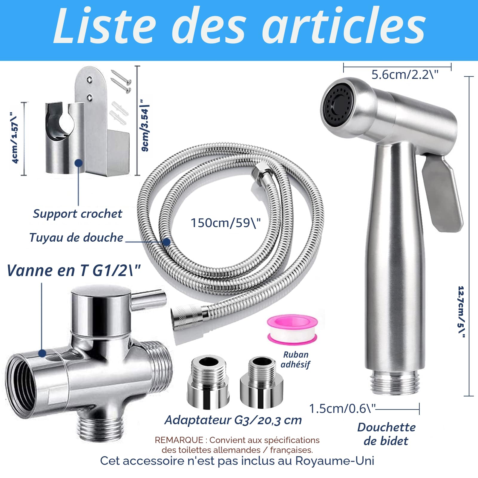 Kit Douchette Wc Toilettes Bidet HygiéNique - Kit Douchette Wc avec Vanne 3 Voies (1/2"-3/8") - Douchette pour L'HygièNe Intime