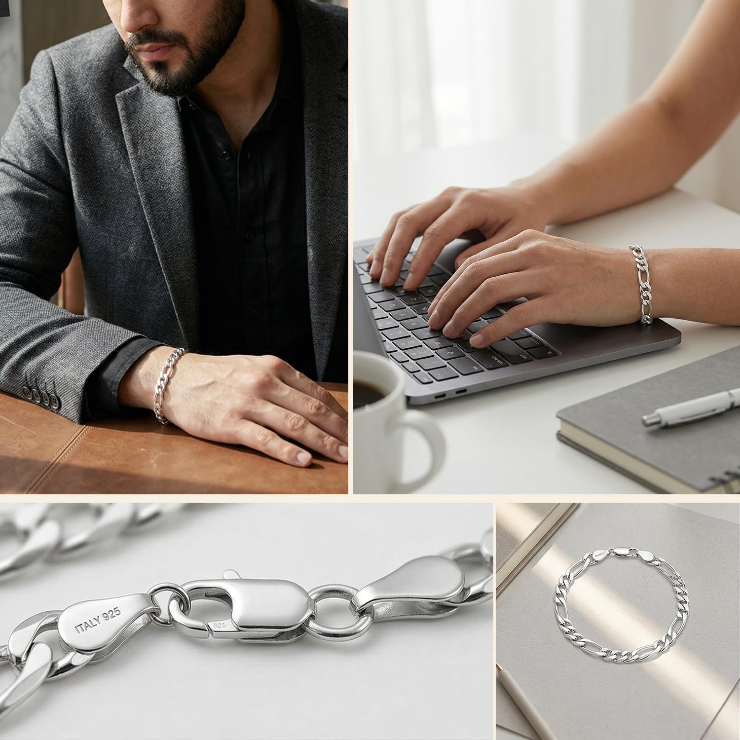 LeCalla Pulsera de cadena de eslabones cubanos de plata de ley 925 maciza para hombre | Pulsera italiana de cadena de eslabones cubanos de corte de diamante de 6 mm, 7 mm, fabricada en Italia, Lenght