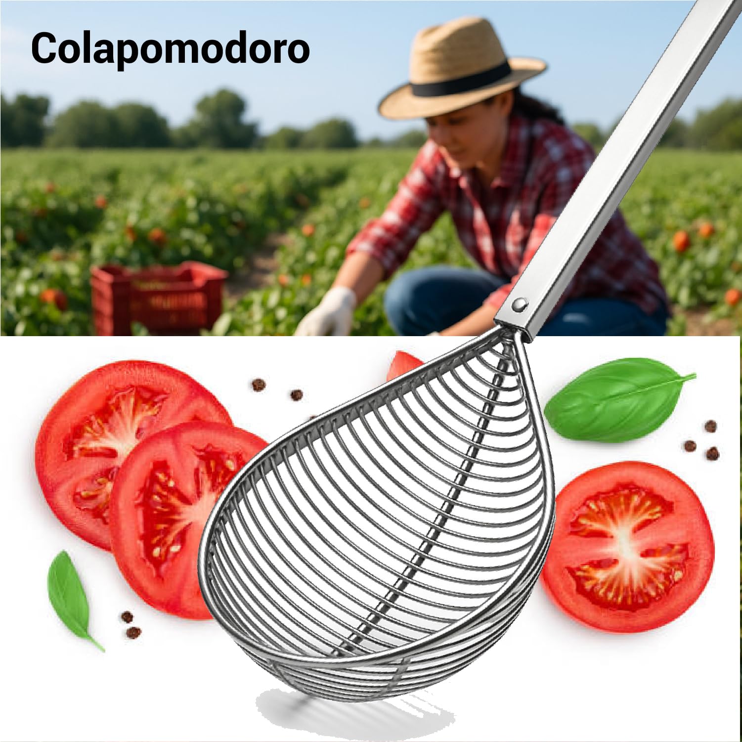 Crisalide® Colapomodoro in Alluminio Pressofuso – Manico 73 cm, Coppa da 26 cm – Utensile Professionale per Estrarre Pomodori e Alimenti