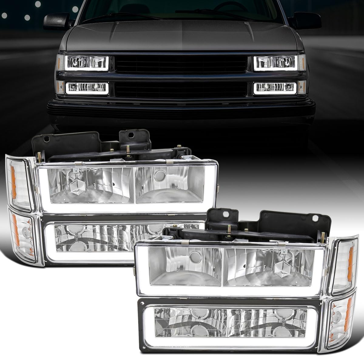 Ronnin - Fits 1994-1998 Chevy C10 C/K Silverado Suburban Tahoe LED Running Tube Lights Headlights + Corner Bumper Parking Lights Assembly Pair |
