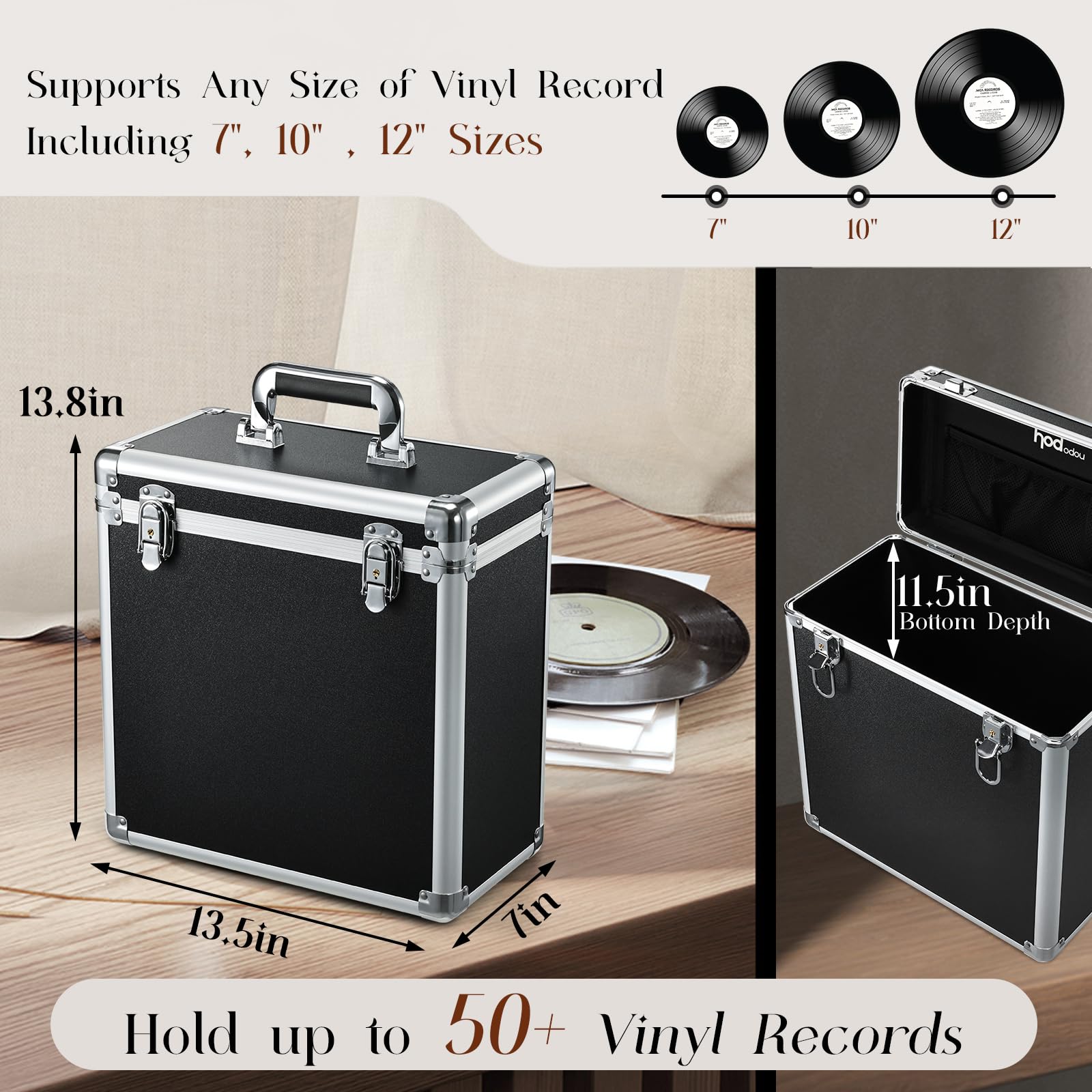 Caja para Vinilos Almacenamiento Transporte con Bolsillo de Malla Cierre Capacidad 45 Discos para Coleccionistas Negro