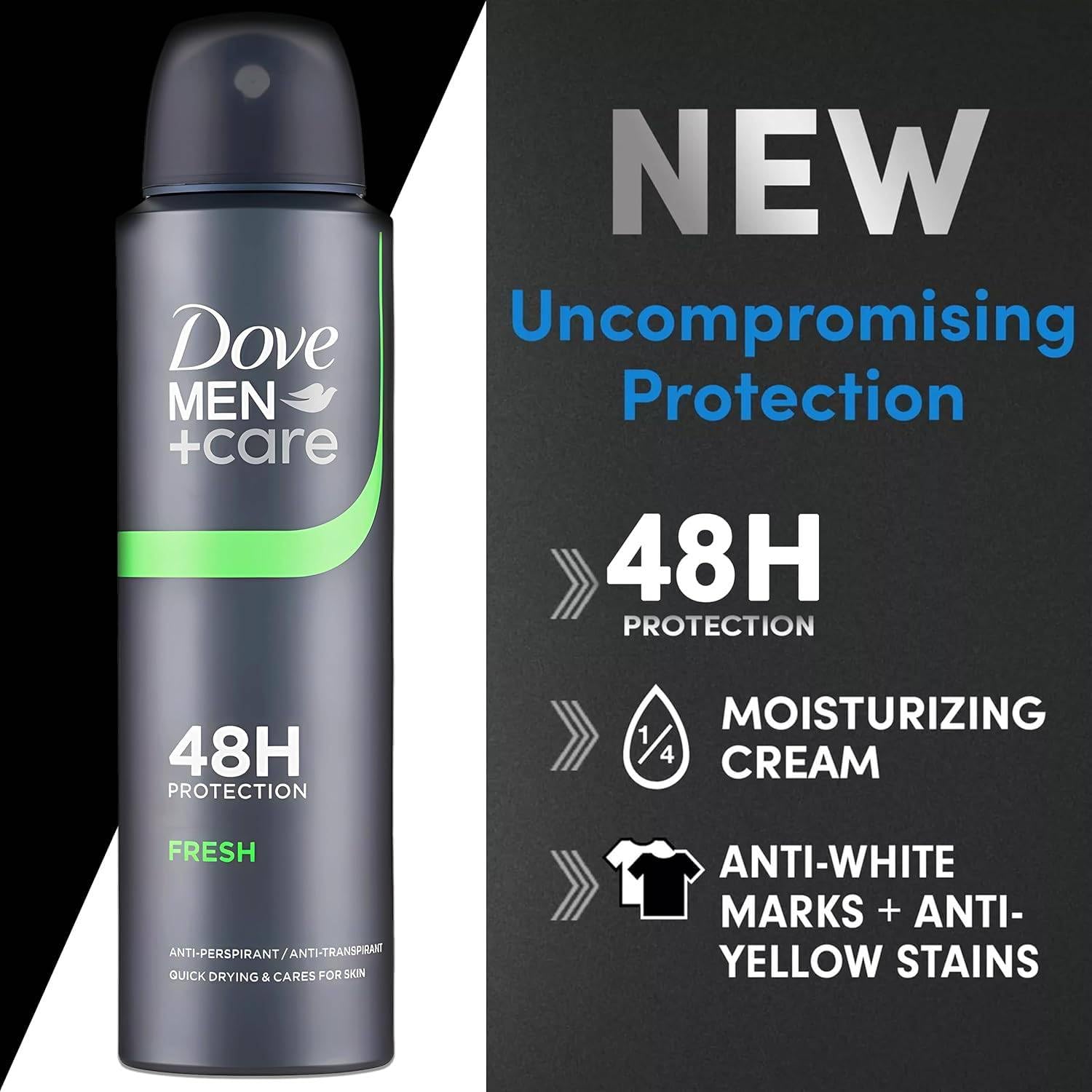 Dove Men+Care Fresh Deodorante Spray Anti-Traspirante 48H, Anti-Macchie, con Vitamina E e 1/4 di Crema Idratante, 150 ml (12)