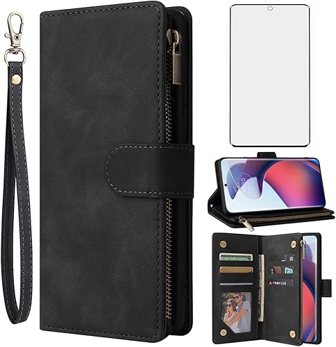Asuwish Funda tipo cartera compatible con Motorola Edge 30 FusionMoto S30 Pro 5G, protector de pantalla de vidrio templado y funda de cuero con tapa