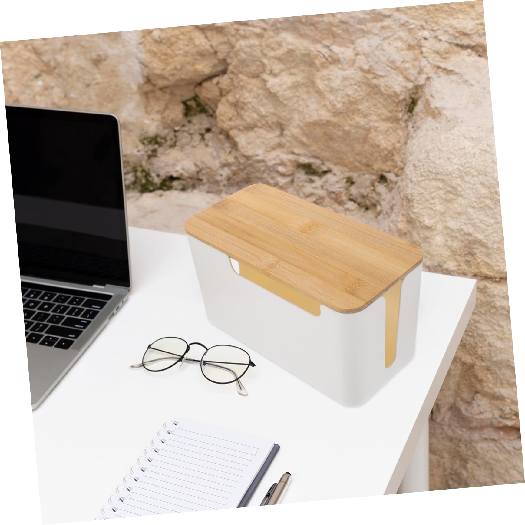 Kabelmanagementbox 2 Stück mit Bambusdeckel Weiß für Schreibtisch