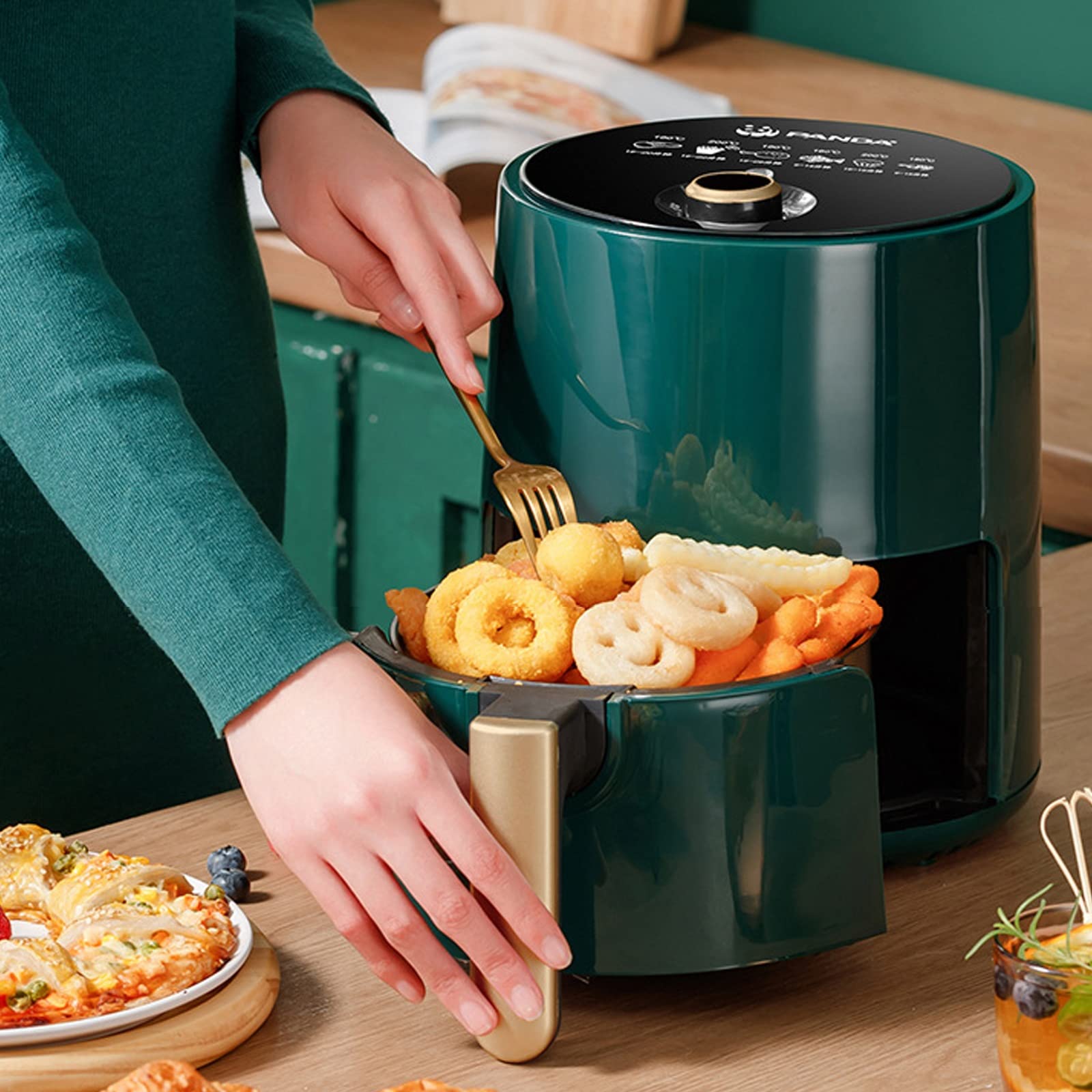Frytkownica beztłuszczowa Air Fryers z kontrolą temperatury i timerem, z przegrodą, nieprzywierającym koszykiem/zielona Stabilize