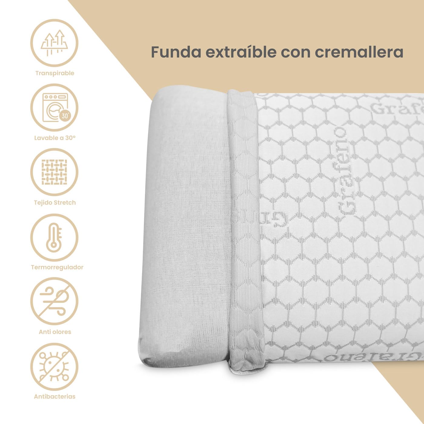 Homey - Almohada Viscoelástica Carbono | Máximo Confort y Excelente Adaptabilidad con Propiedades Antiestrés | 2 Unidades de 70 x 40 cm
