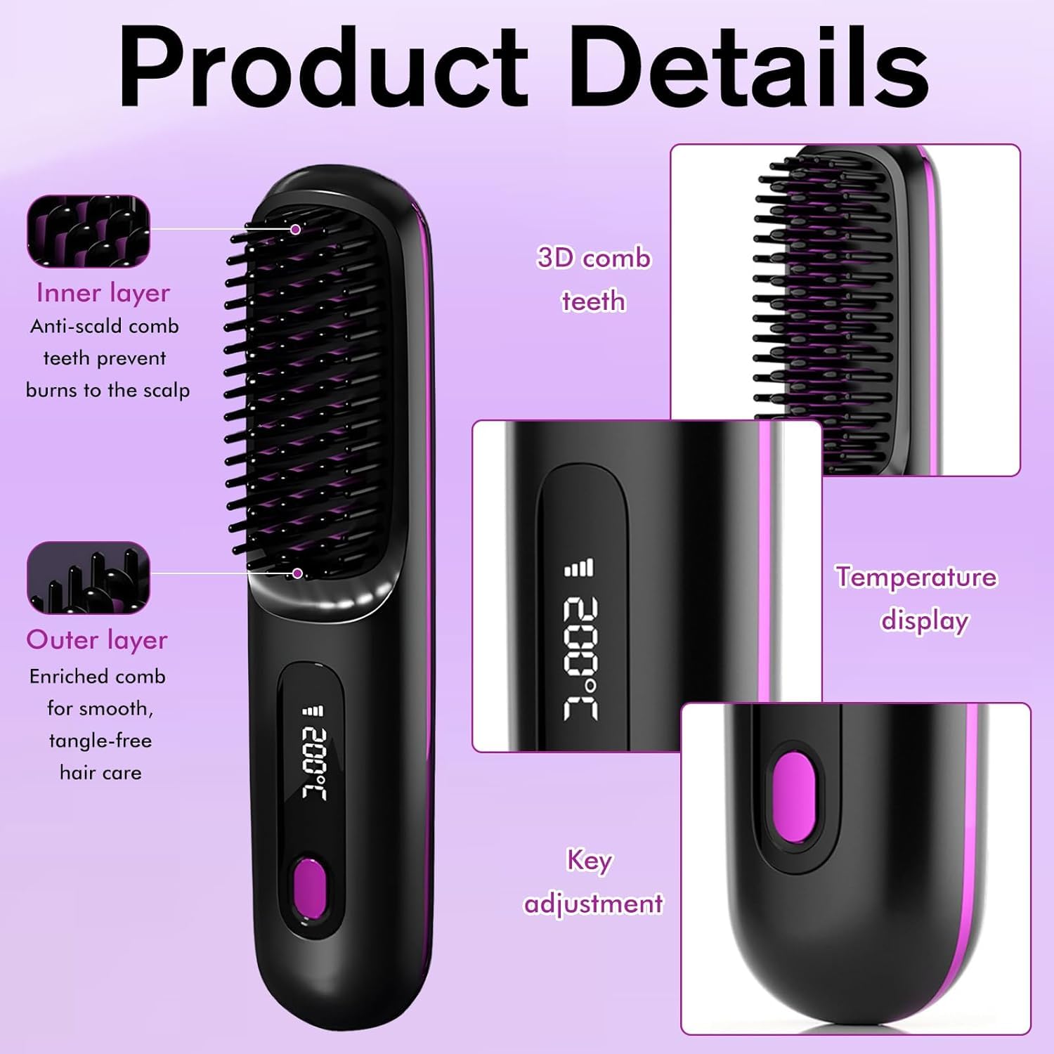 Brosse coiffante pour cheveux courts, brosse à cheveux électrique, brosse lissante sans fil avec affichage LED, 3 niveaux de température, portable, pour cheveux lisses et bouclés, idéale pour les