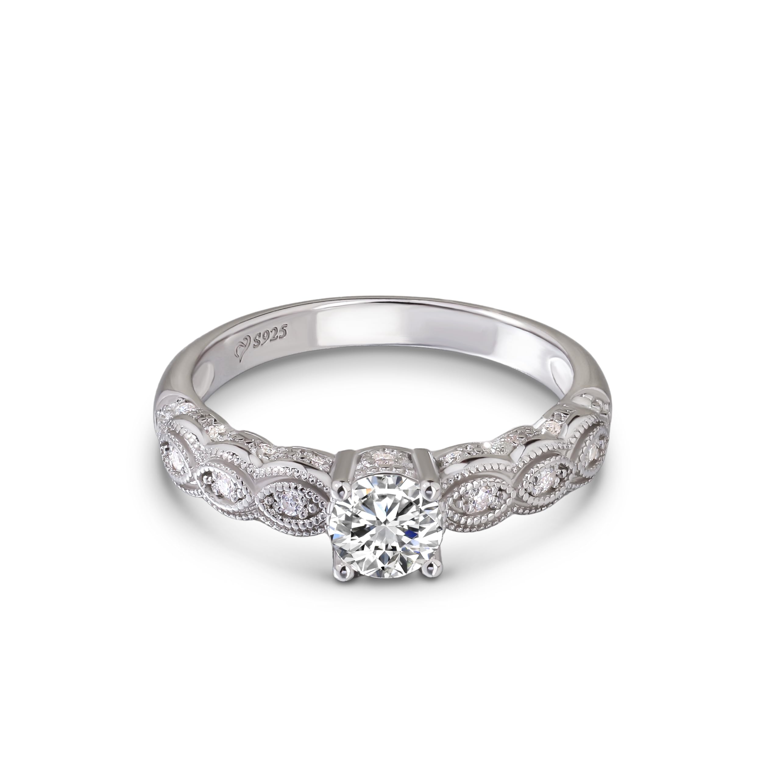 Damen Moissanit Milgrain Ring 925 Sterling Silber Ehering Rundschliff Stein Tauring Retro Elegant Verlobungsring Glänzend Ewigkeitsring für Frauen Hochzeit Valentinstag