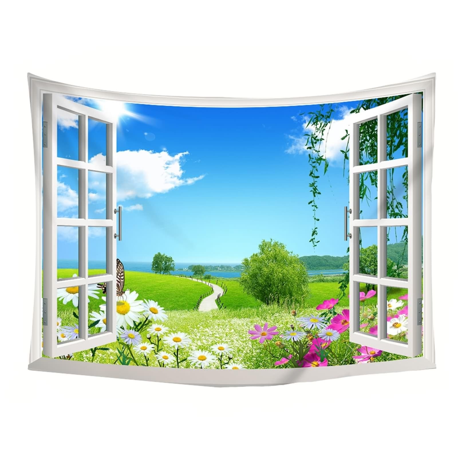 Wycian - Tapicería de pared, papel pintado, color verde liso, papel pintado, diseño panorámico, color blanco, azul, ventana, paisaje natural, 350 x 256 cm