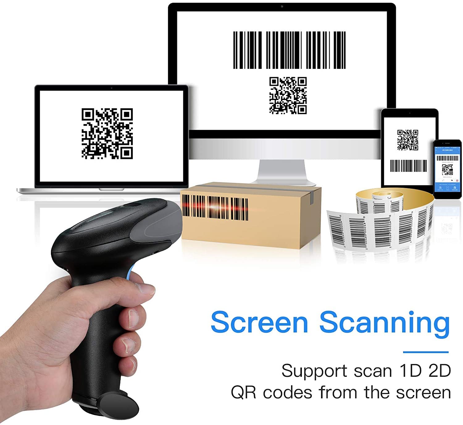 Eyoyo Escáner de códigos de Barras 1D 2D QR con Soporte, escáner de Cable USB portátil para gestión de inventarios, código de Barras portátil/Lector de códigos QR, escáner de detección automática